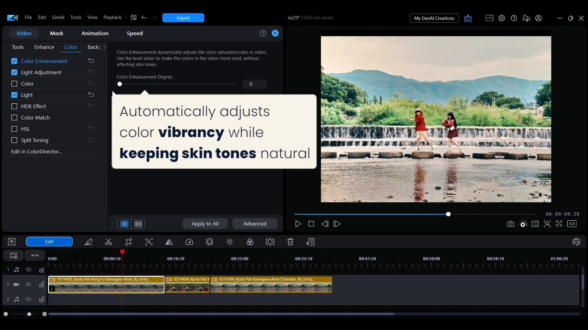 The Color Enhancement slider in PowerDirector with a callout saying it automatically adjusts color vibrancy while keeping skin tones natural.