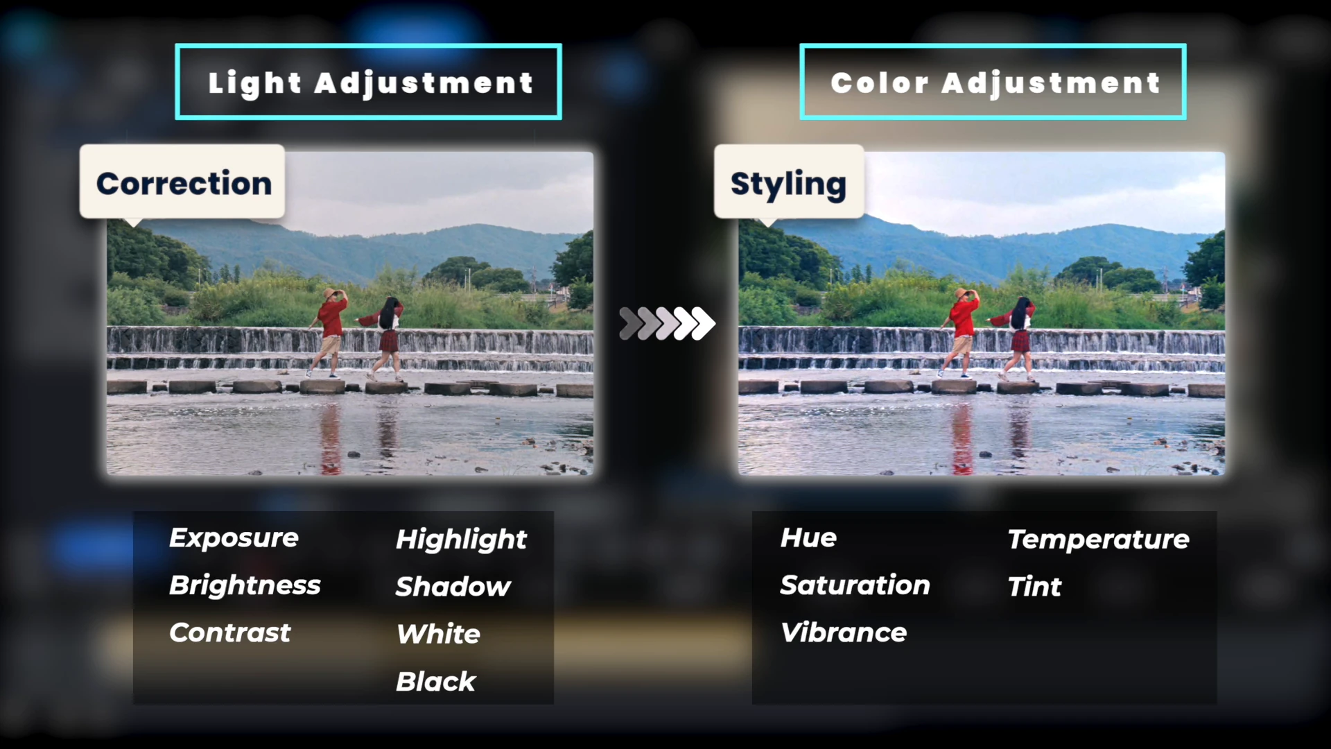 A diagram splitting color grading into Light Adjustment for correction, covering exposure, brightness, contrast, highlight, shadow, white and black, and Color Adjustment for styling, covering hue, saturation, vibrance, temperature and tint.