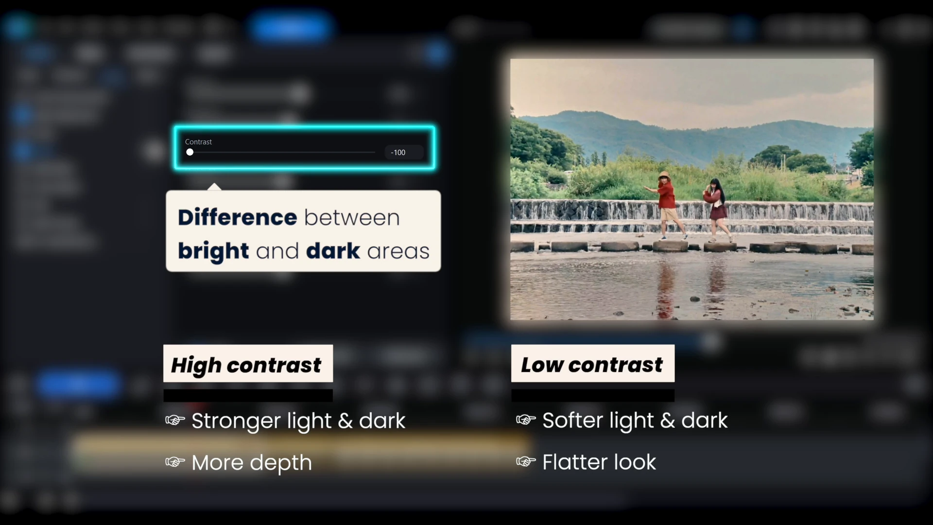 A comparison of high contrast and low contrast in PowerDirector, with high contrast giving stronger light and dark and more depth.