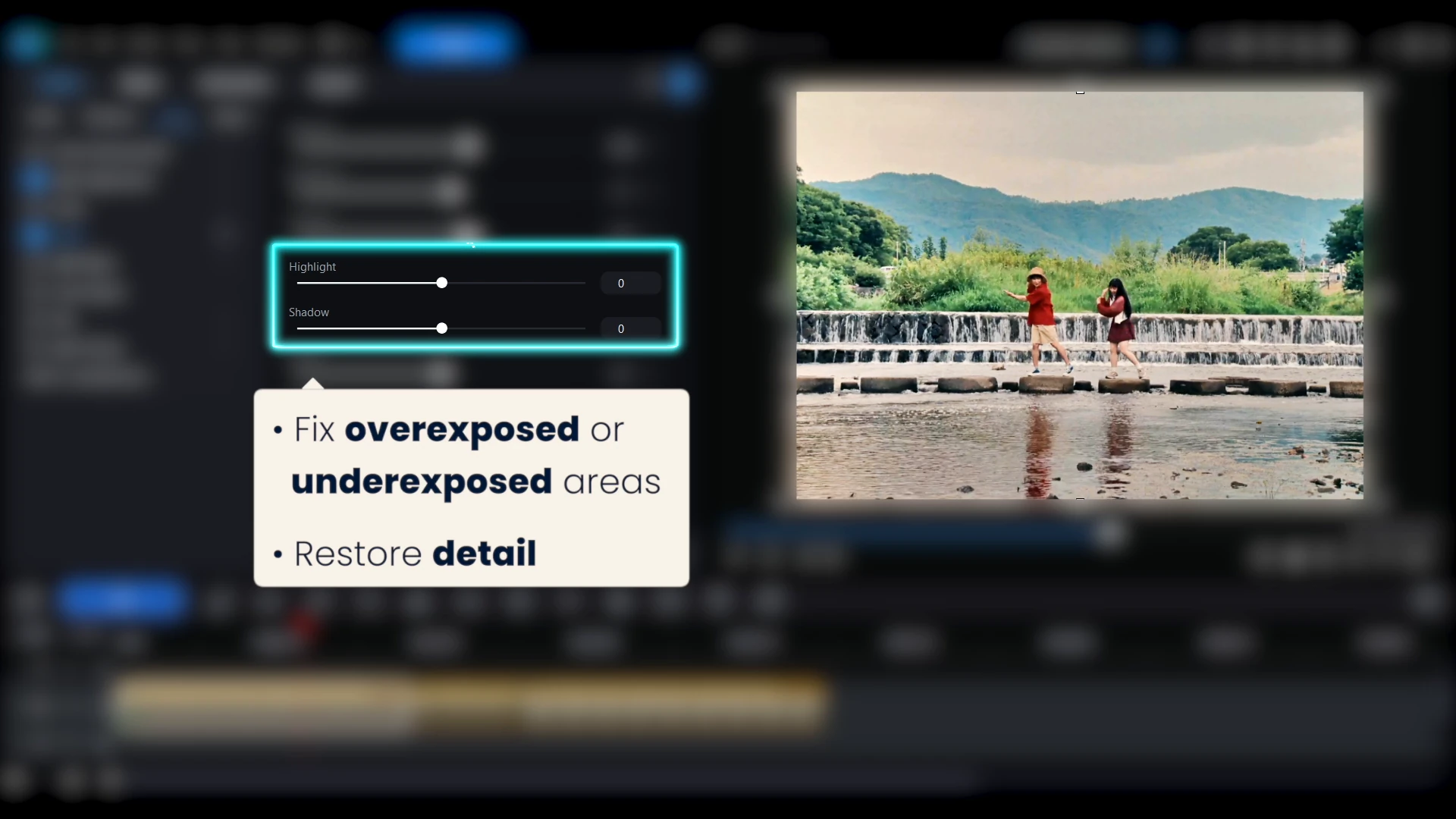 The Highlight and Shadow sliders in PowerDirector with a callout about fixing overexposed or underexposed areas and restoring detail.