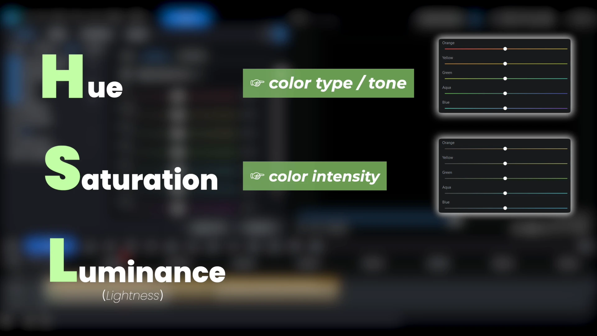 A title card explaining HSL as Hue for color type and tone, Saturation for color intensity, and Luminance for lightness.