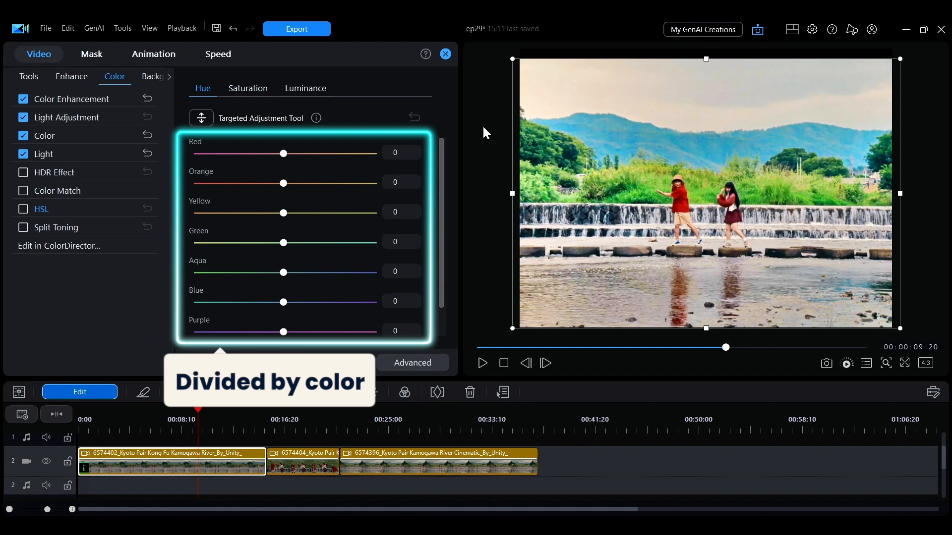 The HSL panel in PowerDirector showing Hue, Saturation and Luminance tabs with a separate slider for each color.