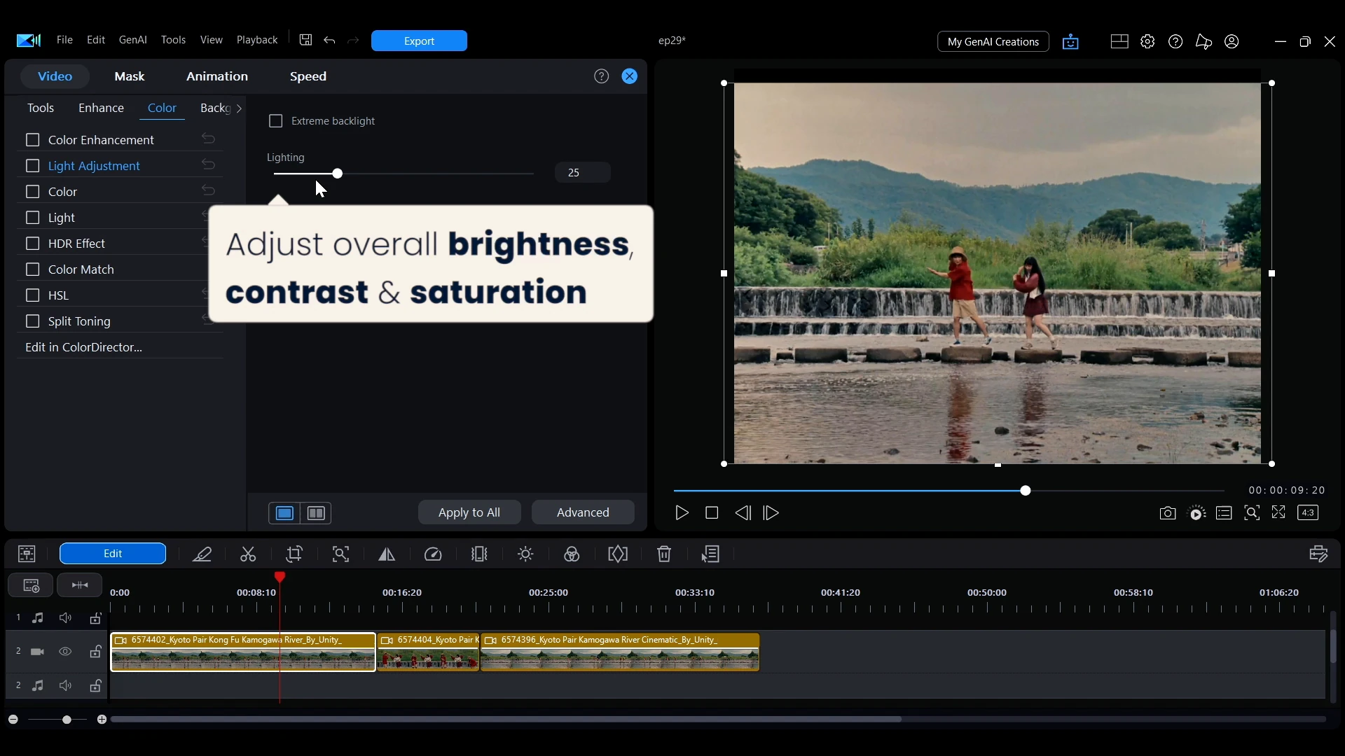 The Color panel in PowerDirector with Light Adjustment selected and a callout reading adjust overall brightness, contrast and saturation.