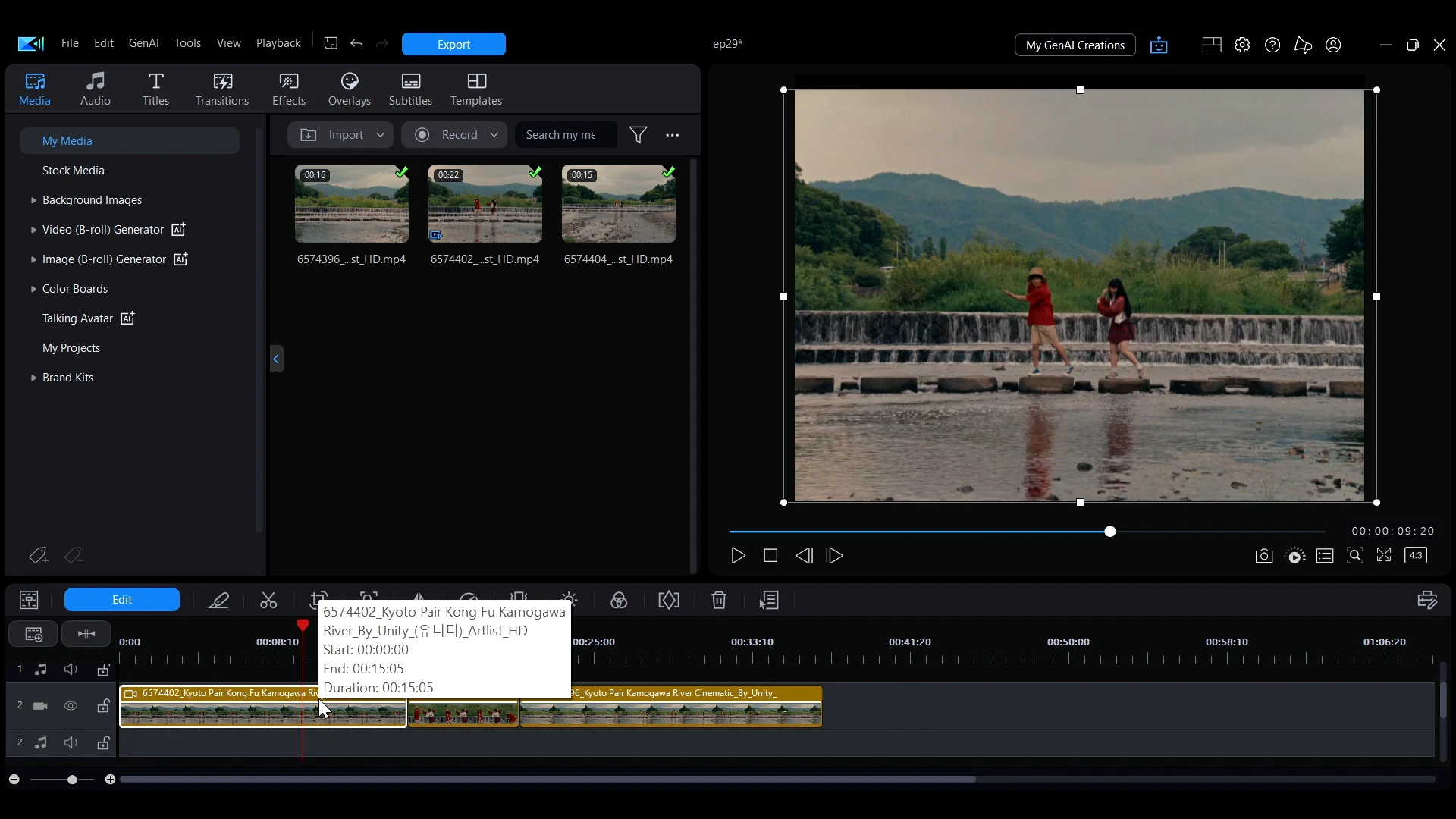 The PowerDirector media library with a clip selected and the blue Edit button highlighted along the bottom toolbar.