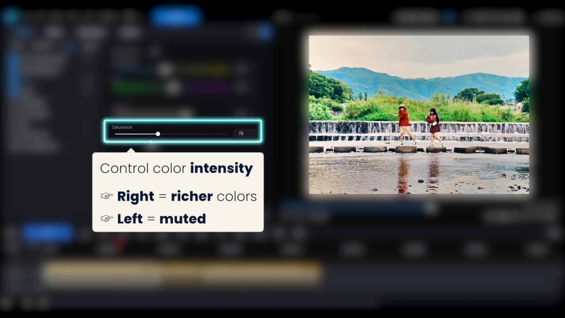 The Saturation slider in PowerDirector with a callout reading control color intensity, right for richer colors and left for muted.