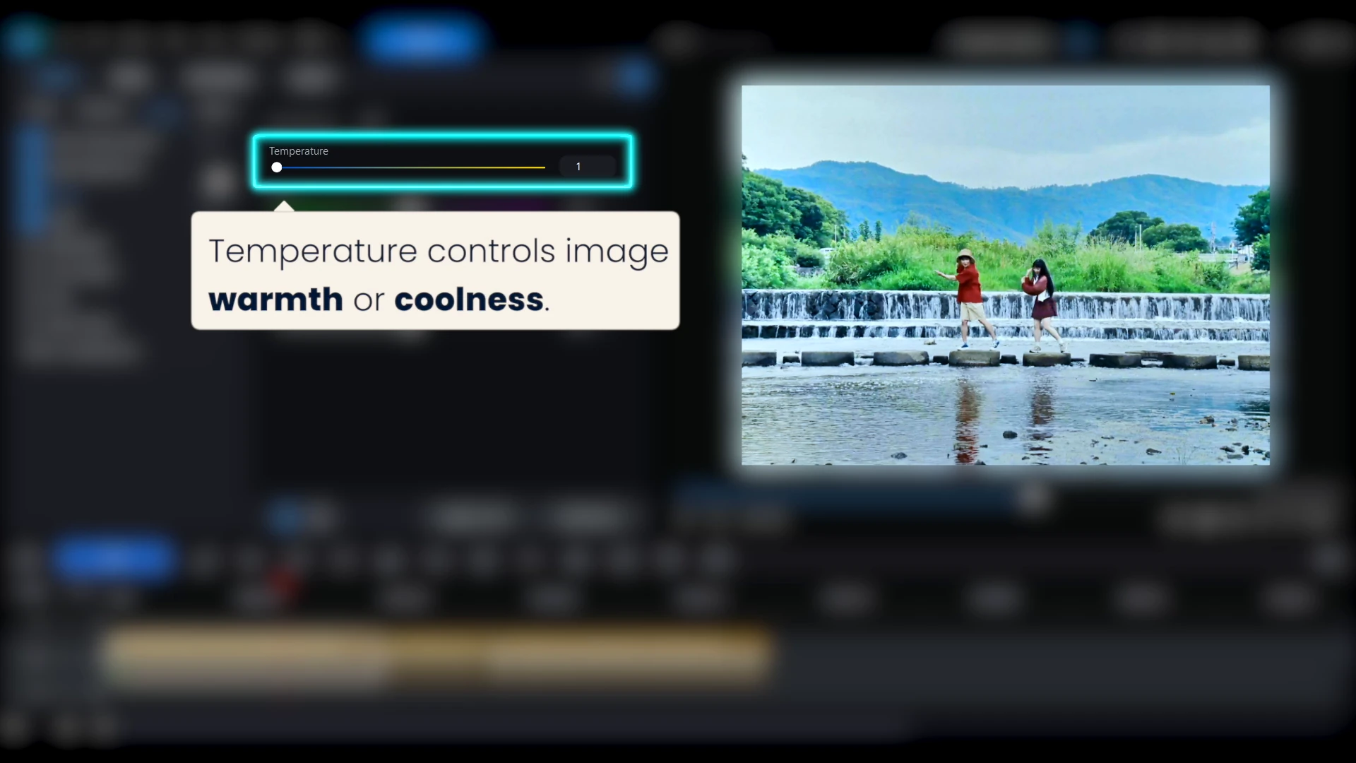 The same river scene in PowerDirector with the Temperature slider pushed left, giving the hills and water a blue cast.