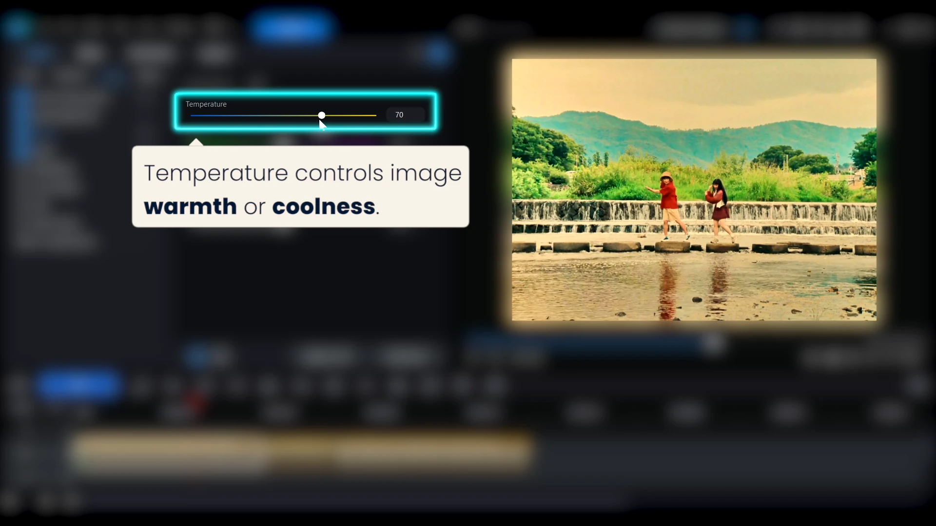 The preview window in PowerDirector with the Temperature slider pushed right, giving the river scene a yellow cast.