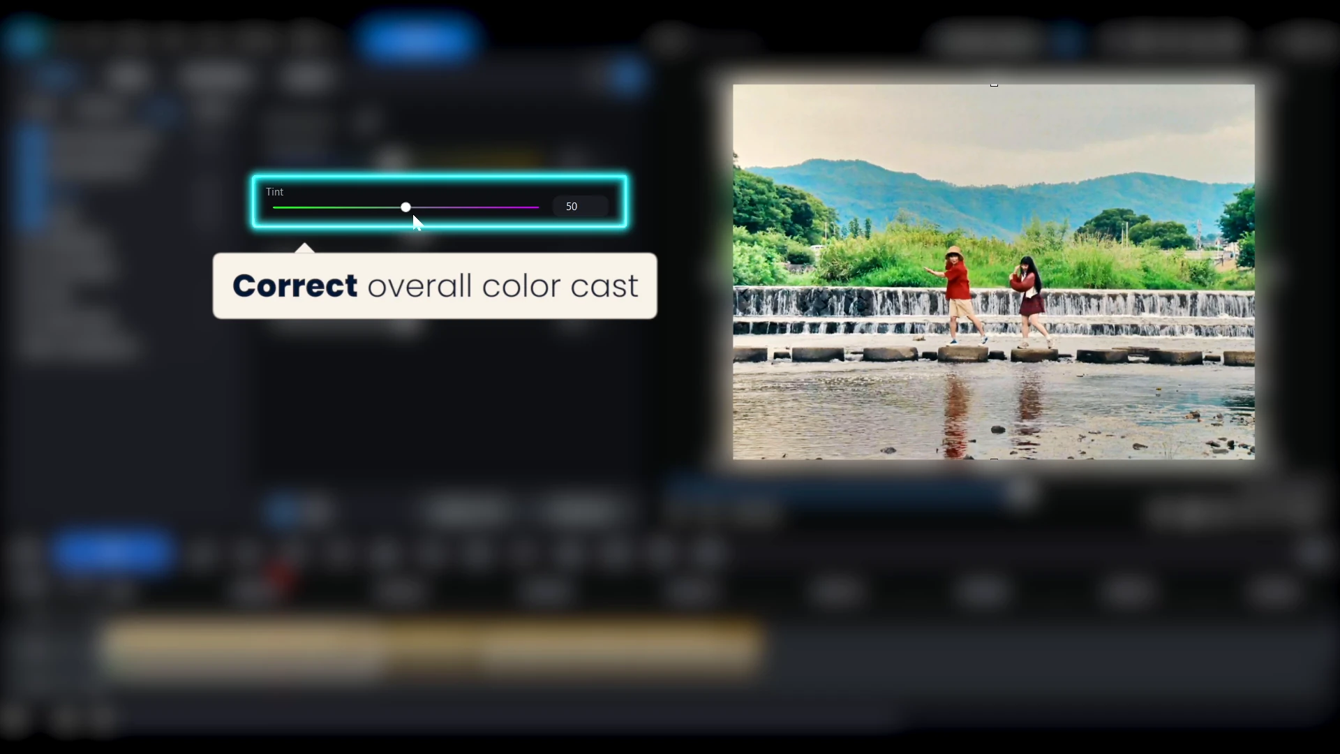 The Tint slider in PowerDirector with a callout about correcting an overall color cast, the preview showing a magenta shift.