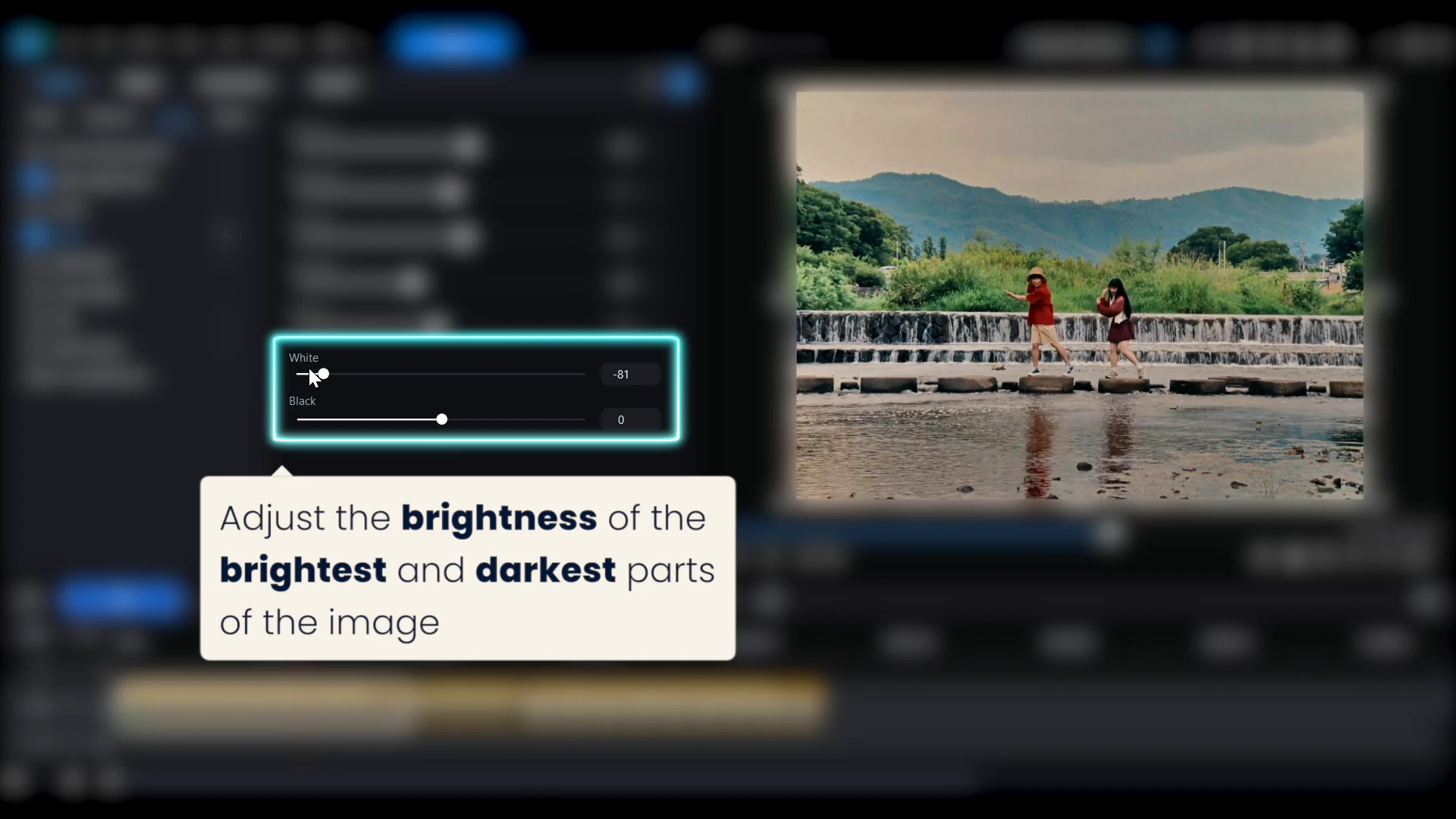 The White and Black sliders in PowerDirector with a callout about adjusting the brightness of the brightest and darkest parts of the image.