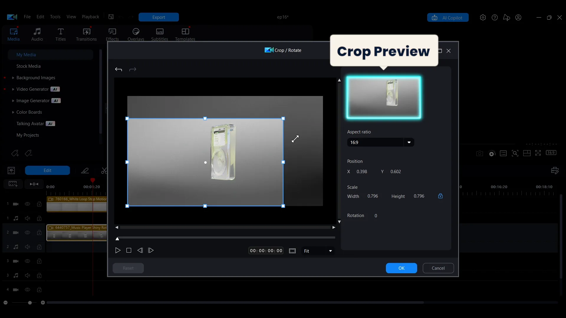 The crop window with the blue crop box and the cropped result previewed top right