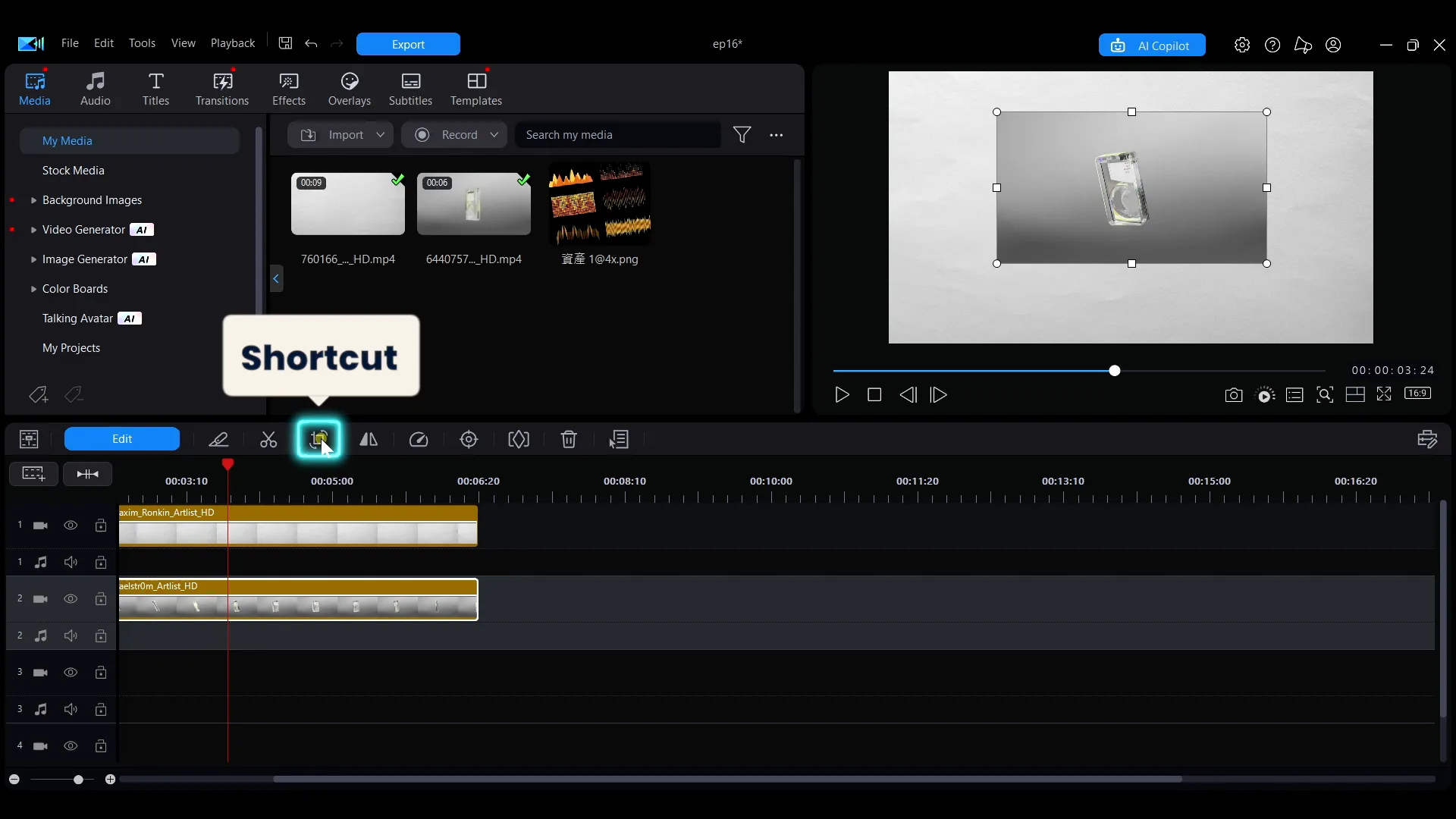 The Crop shortcut button in the toolbar above the PowerDirector timeline