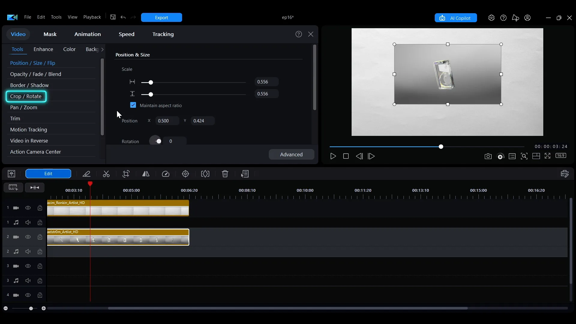 The PowerDirector Edit panel with Crop / Rotate selected in the Tools list