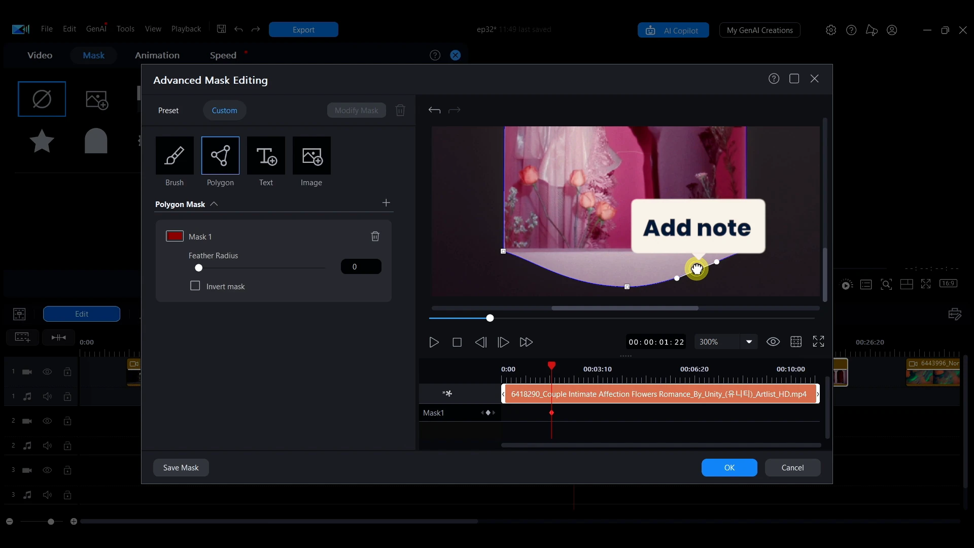A node being added to the edge of an existing polygon mask in the PowerDirector preview window.