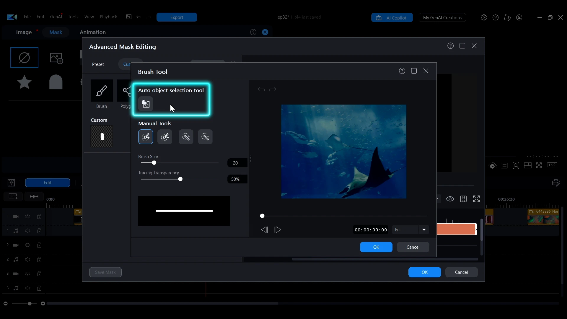 The Auto object selection tool highlighted in the Brush Tool panel in PowerDirector, with an underwater image in the preview.