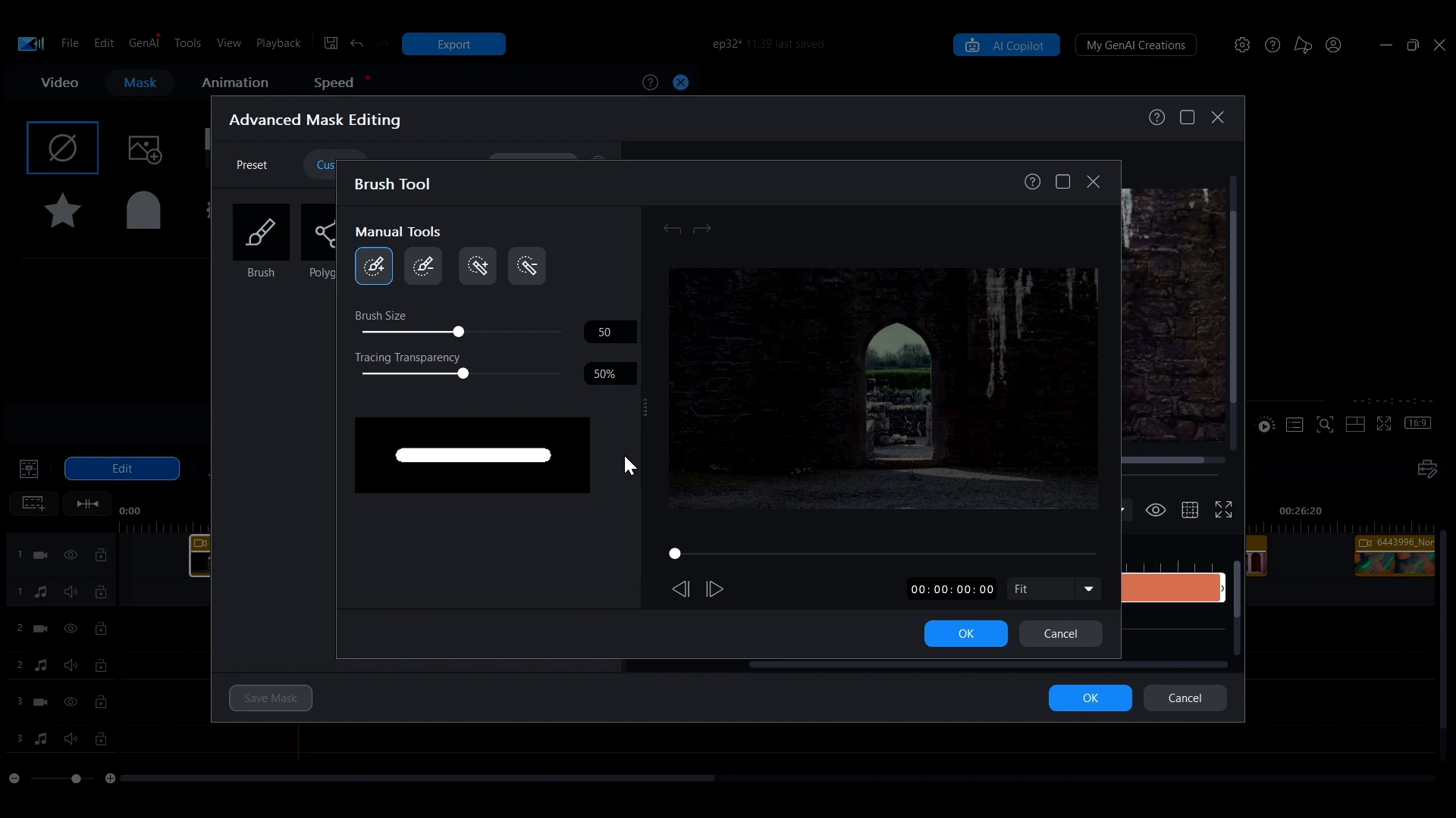 The Brush Tool panel in PowerDirector with the first two manual tools highlighted, used to select or delete mask areas.