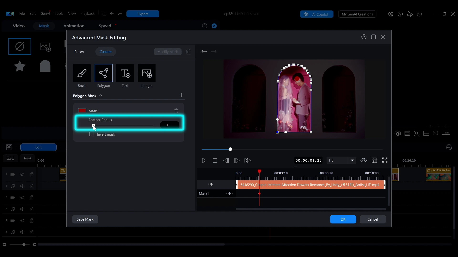 The Feather Radius slider highlighted under Polygon Mask in the Advanced Mask Editing window in PowerDirector.