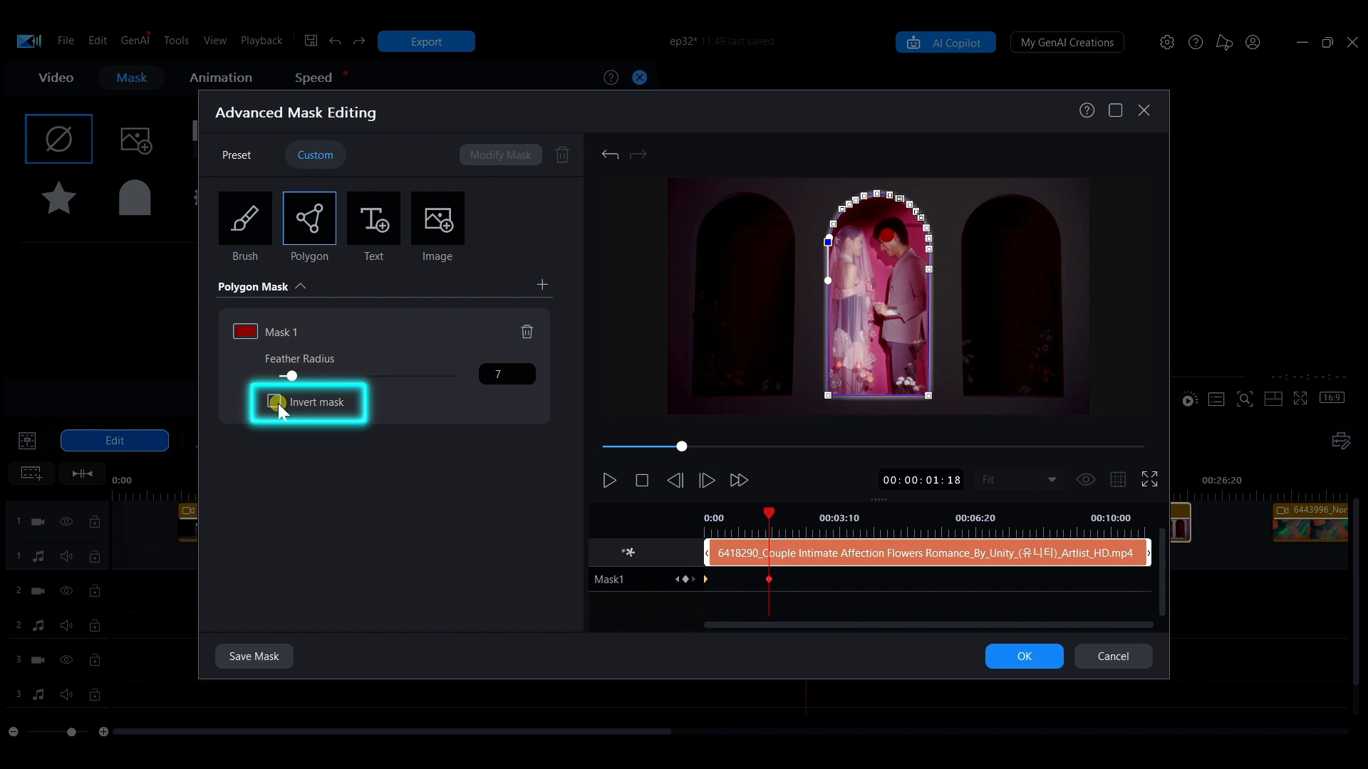 The invert mask checkbox highlighted under Polygon Mask in the Advanced Mask Editing window in PowerDirector.