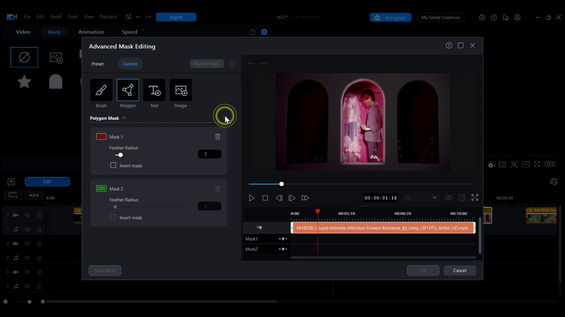 Two polygon masks listed as Mask 1 and Mask 2 in the Advanced Mask Editing window in PowerDirector.