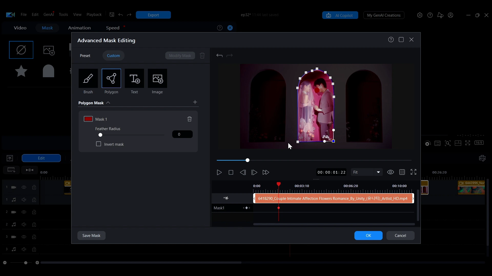 A closed polygon mask outlining an archway in the PowerDirector preview window.