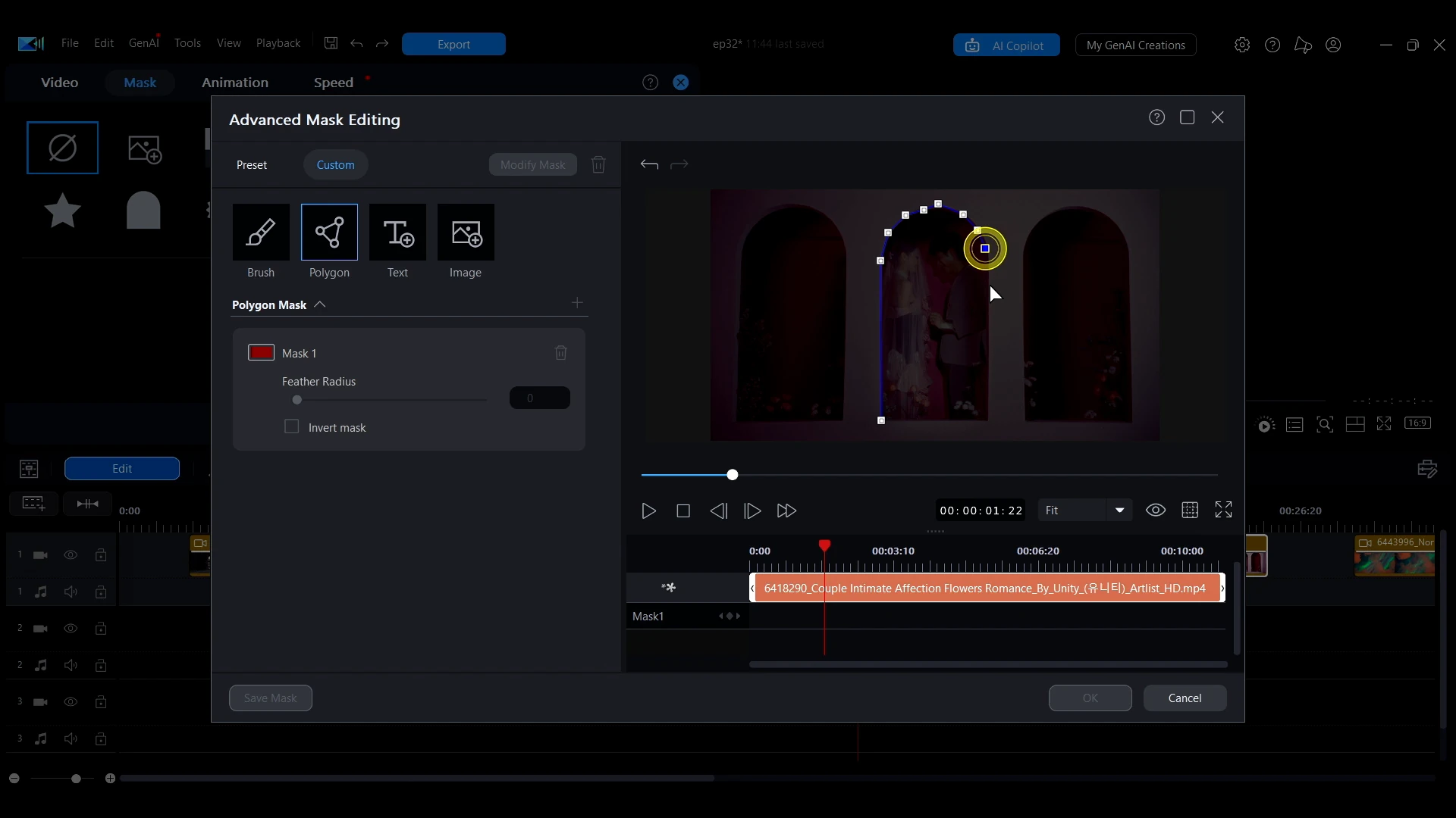 A partly drawn polygon mask with visible nodes around an archway in the PowerDirector preview window.