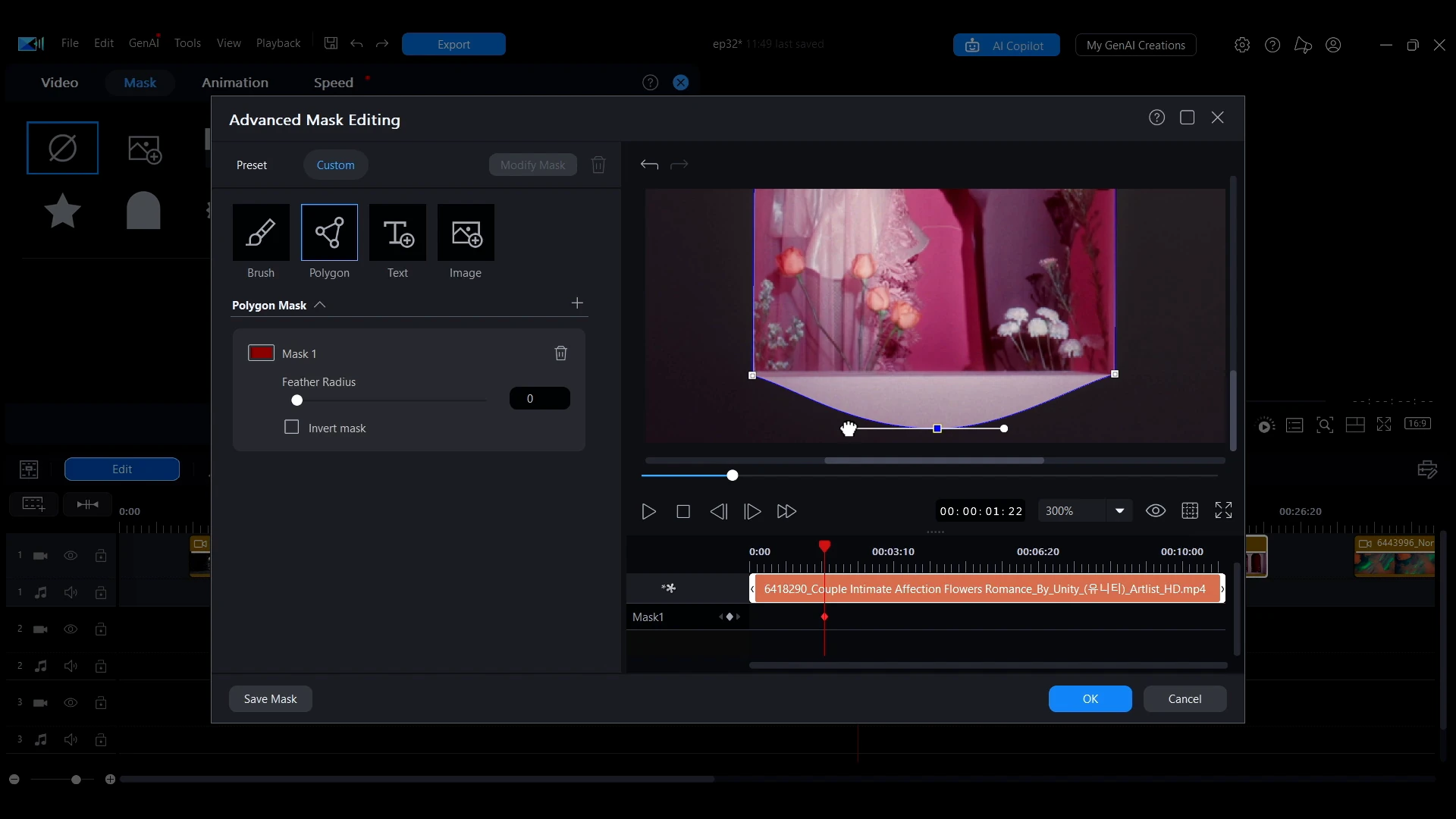 A polygon mask with a curved lower edge applied to a clip in the PowerDirector preview window.