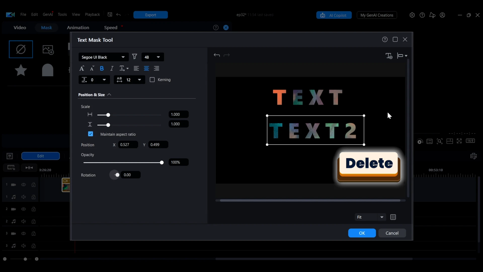 Two text masks in the PowerDirector preview window with a callout showing the Delete key being pressed to remove one.