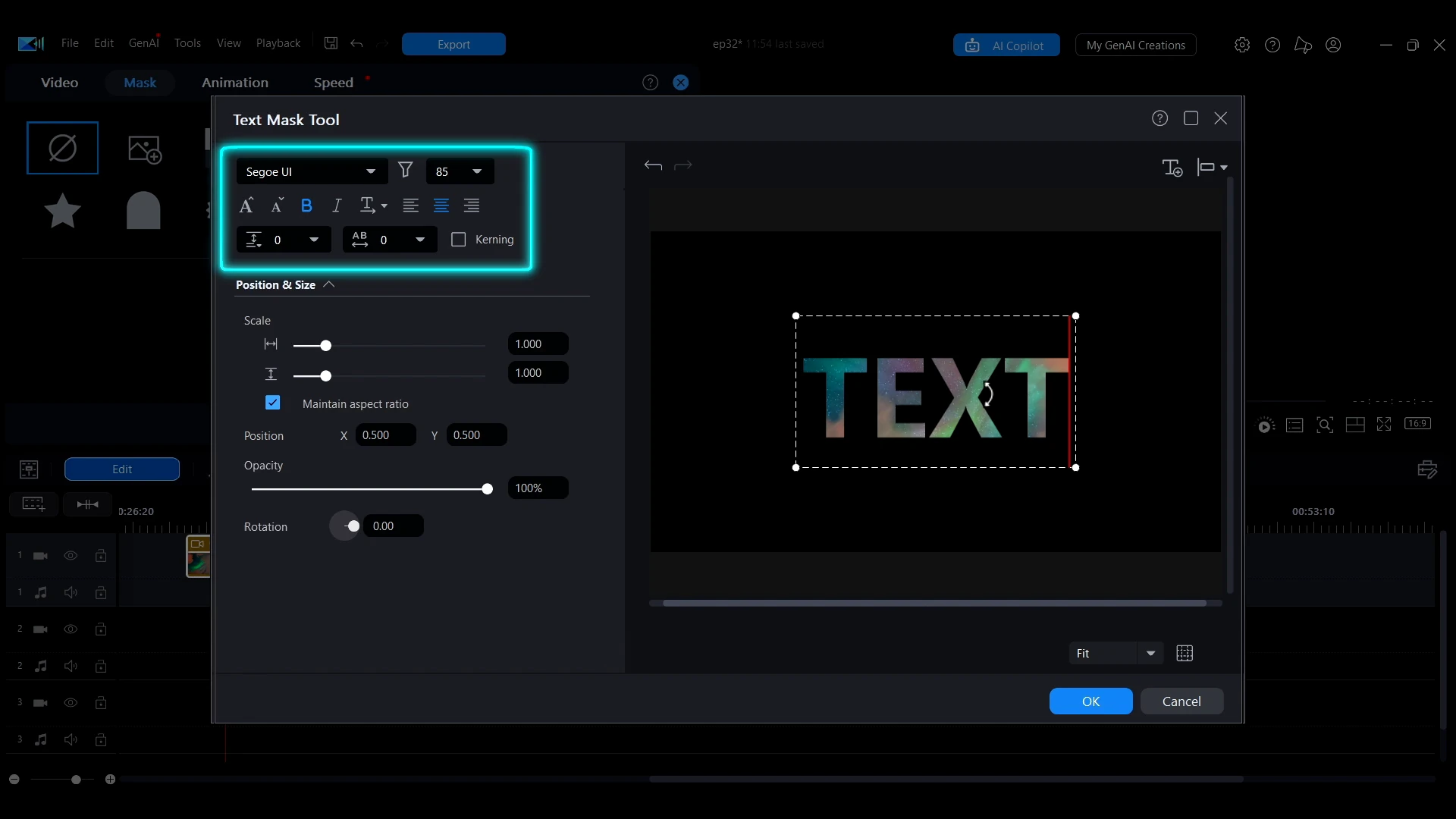 The text styling controls in the Text Mask Tool panel in PowerDirector, with a text mask reading TEXT in the preview.