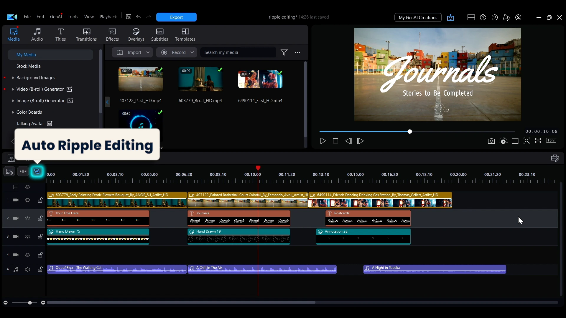 The Auto Ripple Editing button at the top-left of the timeline