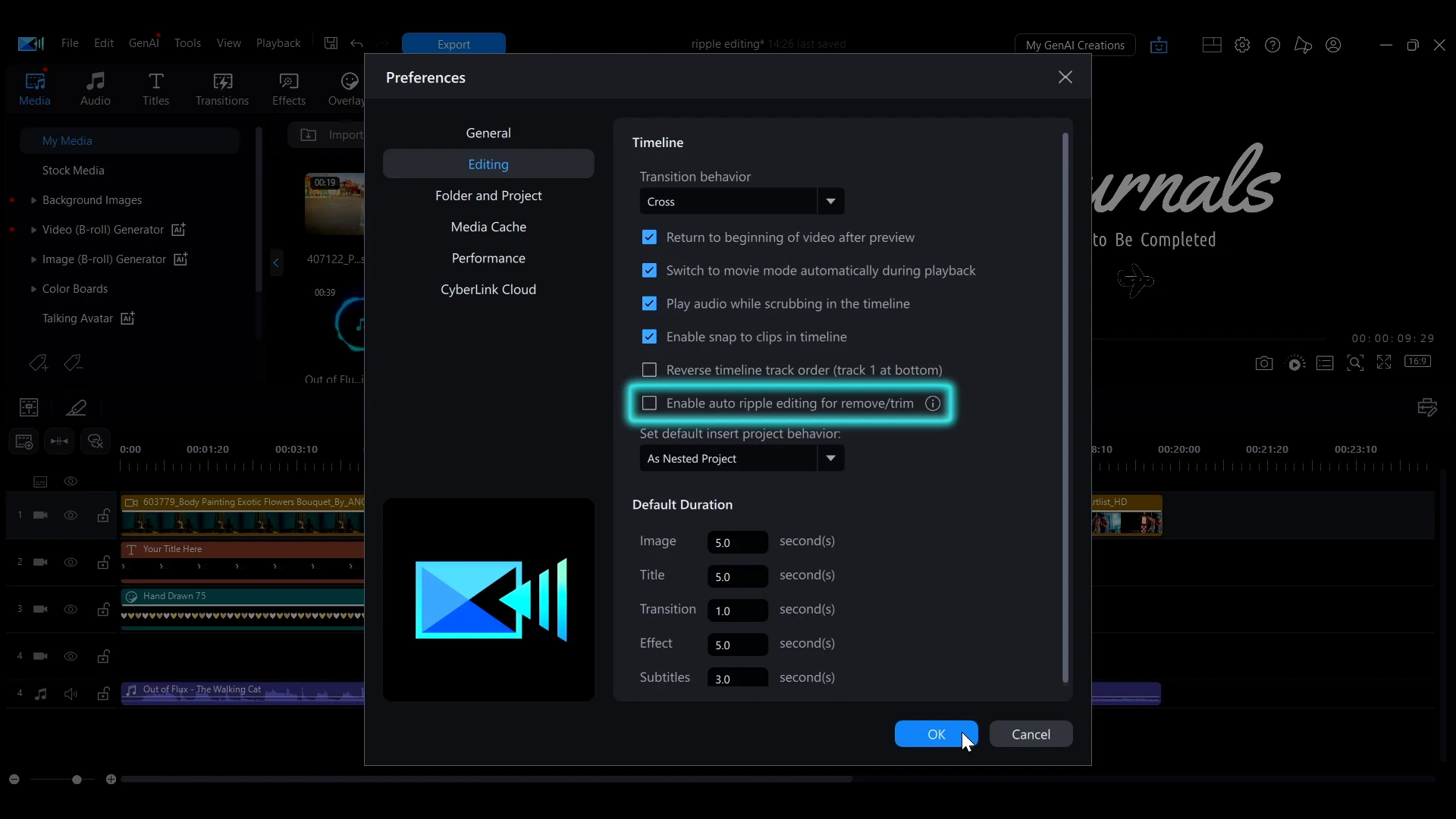 Preferences Editing tab with the auto ripple editing option checked