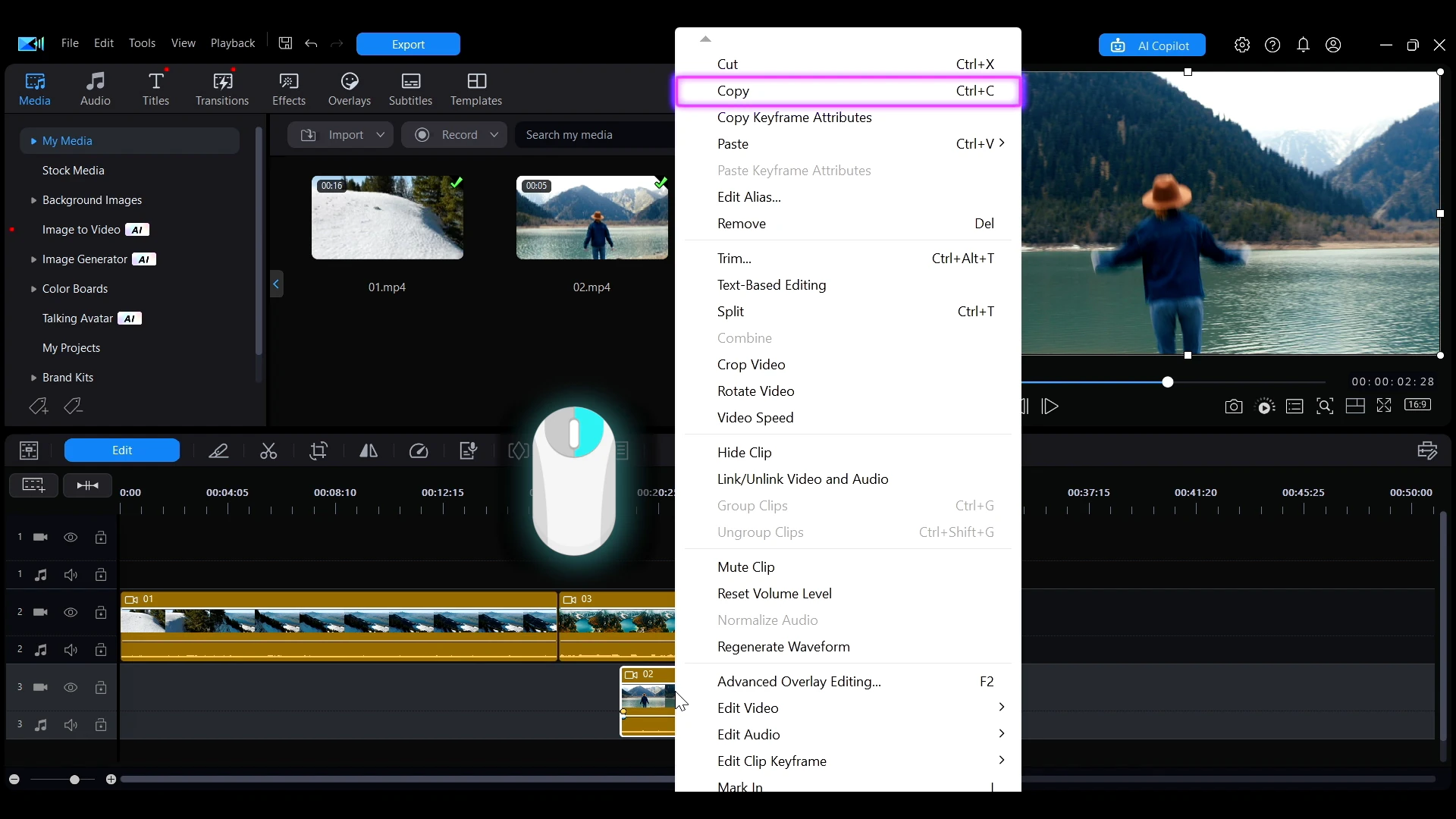 Right-click menu with Copy selected on a clip