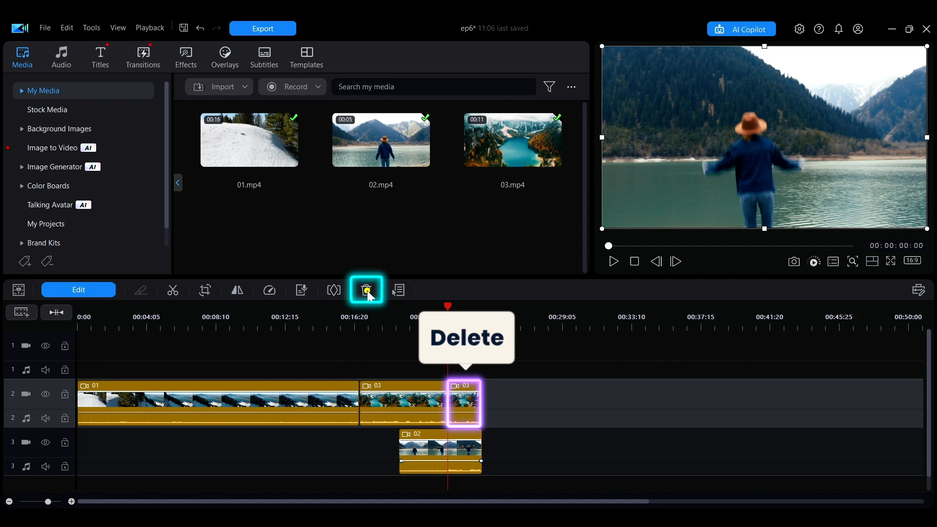 A selected clip with the delete action on the timeline