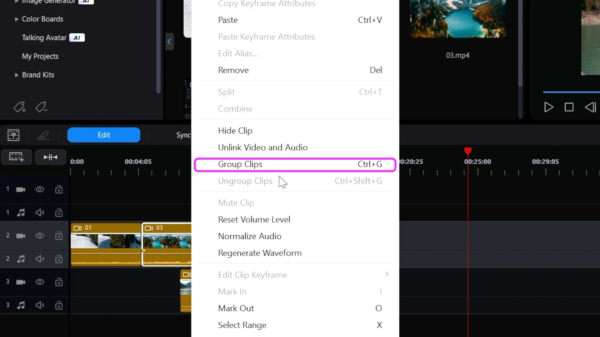 The right-click menu open on a clip with the Group Clips option highlighted