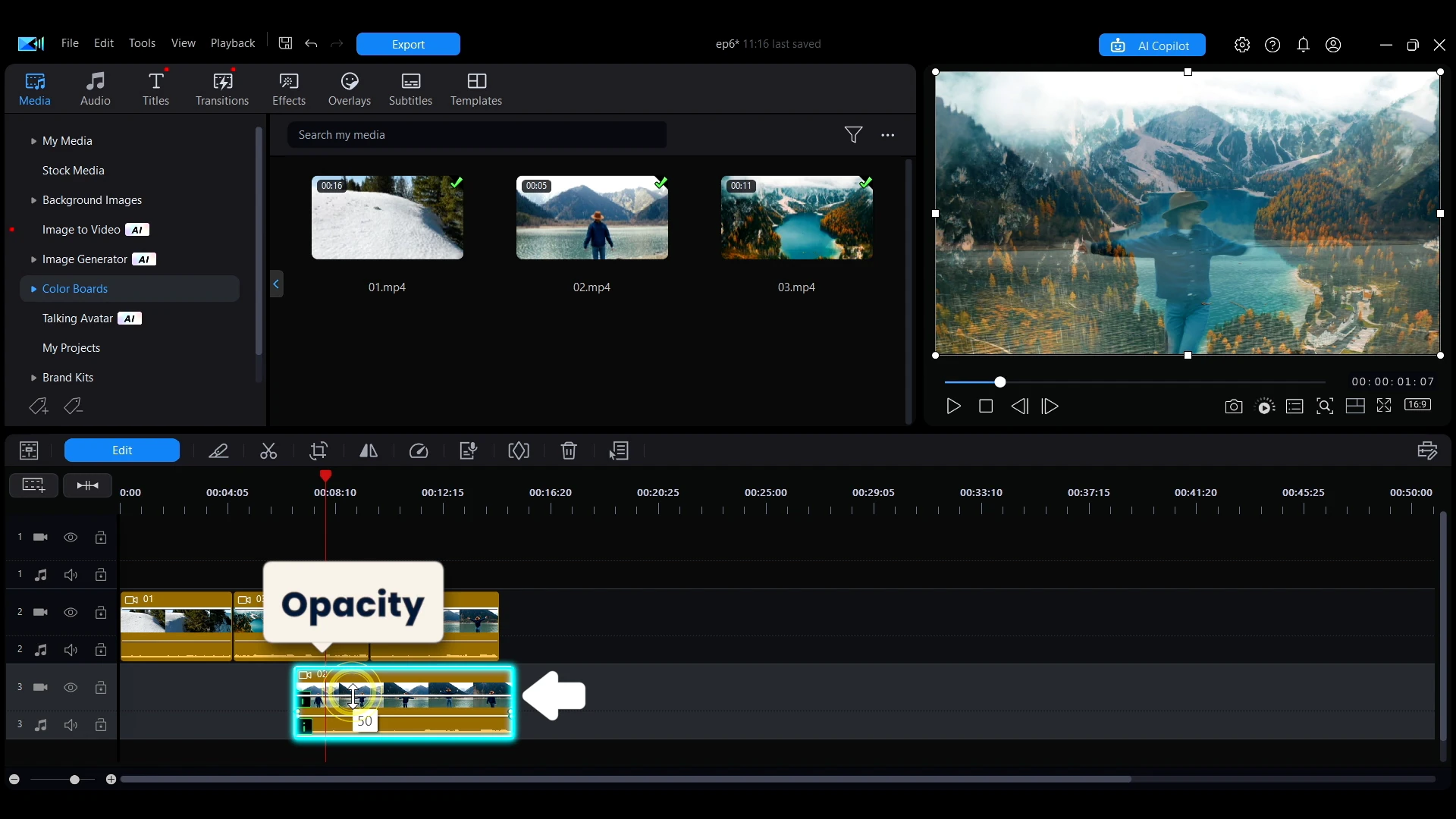 Dragging the white line on a video clip to change its opacity