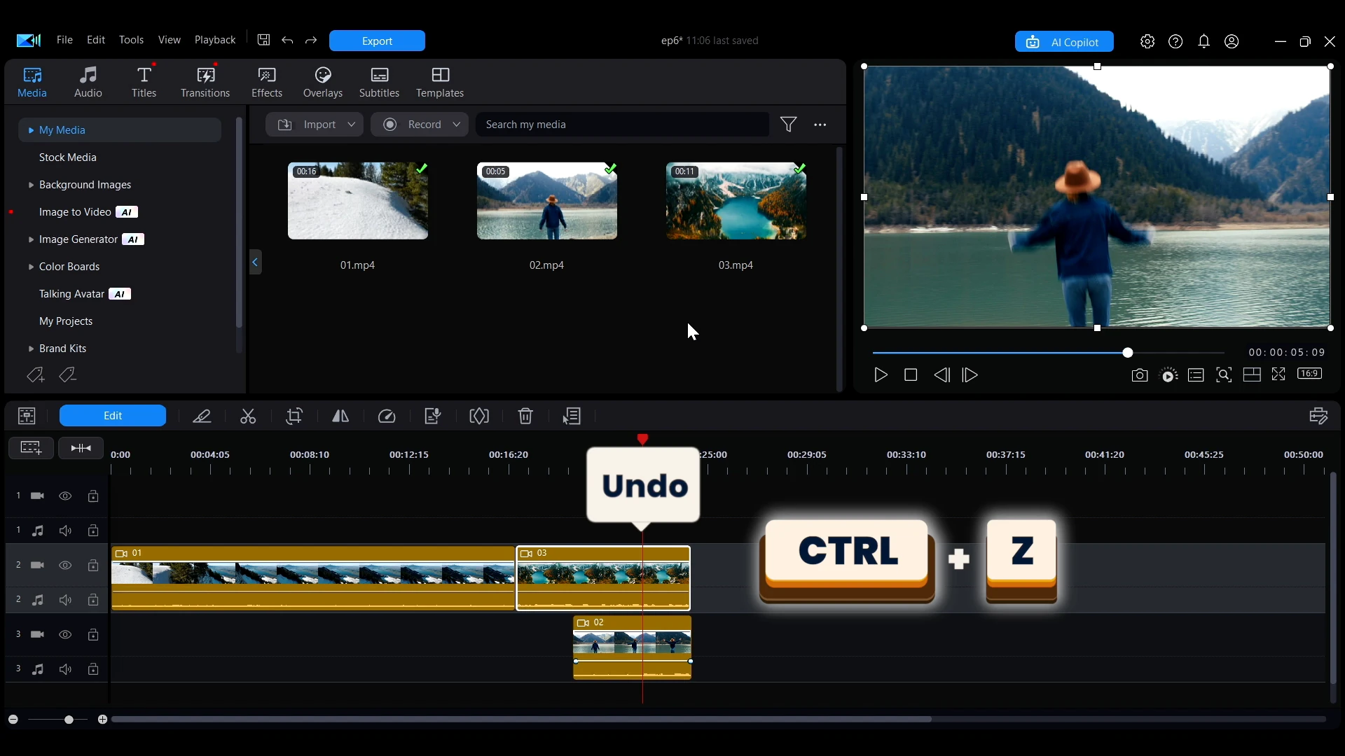Undo shortcut Ctrl + Z shown over the timeline