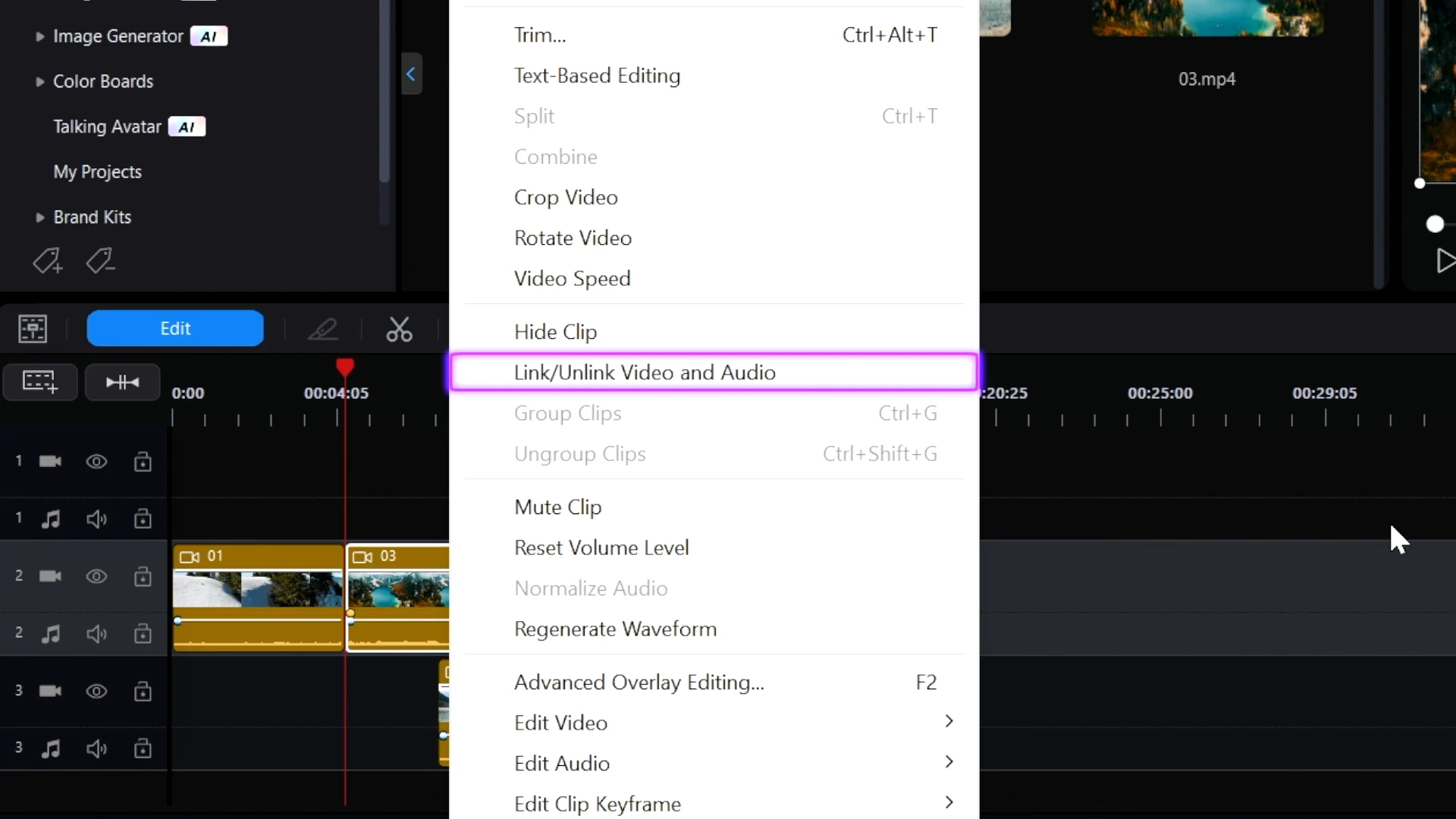 Right-click menu showing Link/Unlink Video and Audio