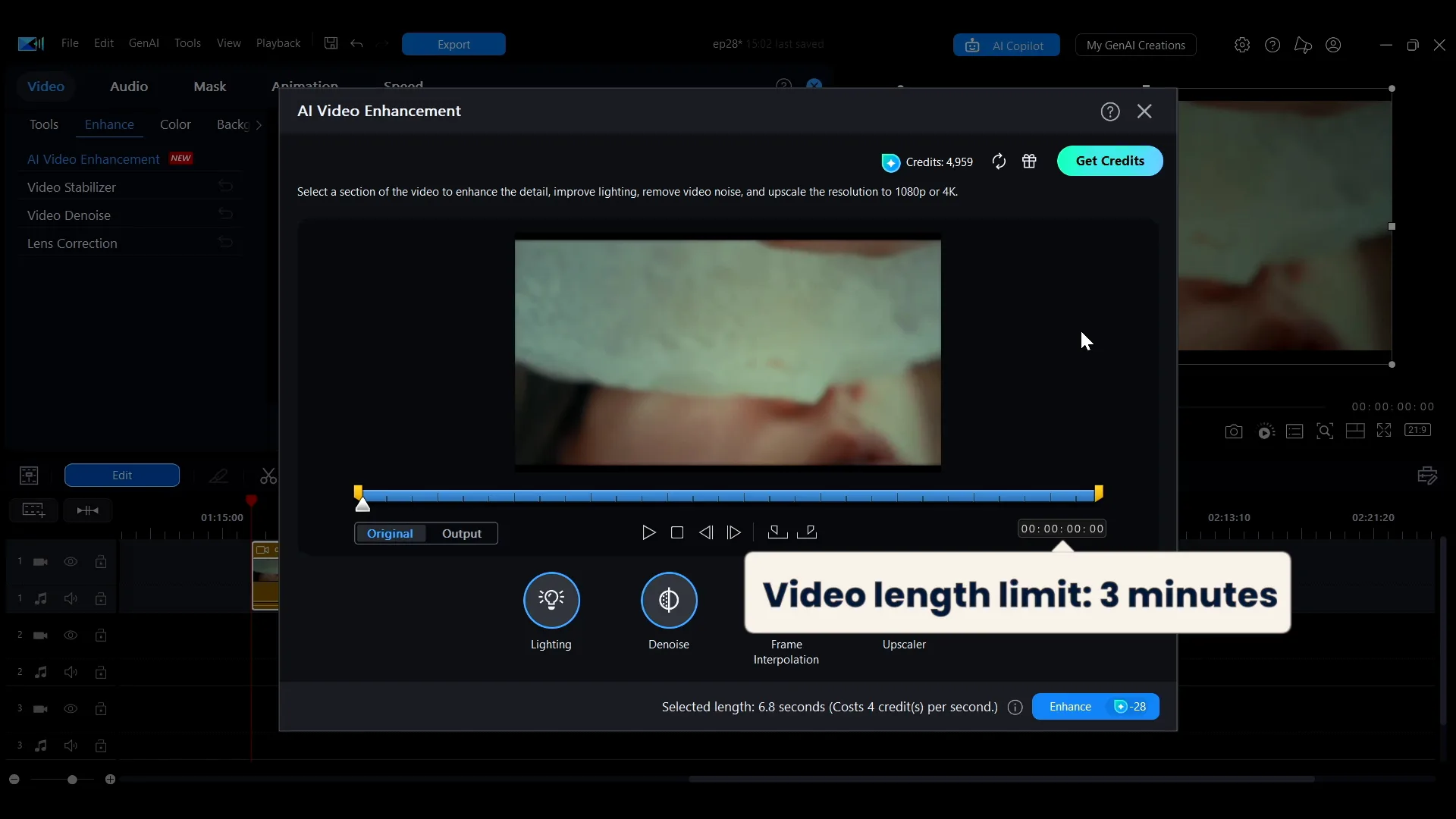 The AI Video Enhancement window in PowerDirector with Lighting, Denoise, Frame Interpolation and Upscaler options and a selected section of the clip.