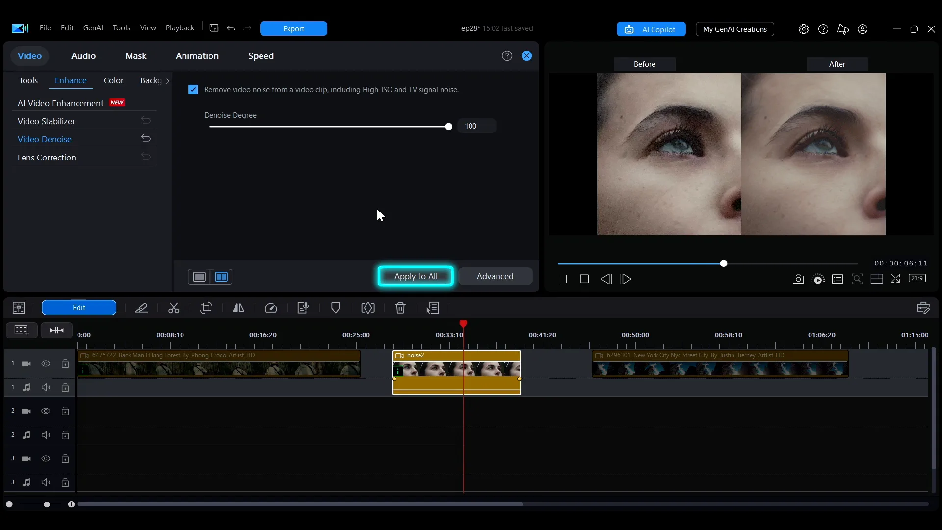 A before and after comparison of denoising in PowerDirector, showing grain around the eyes cleaned up in the right half.