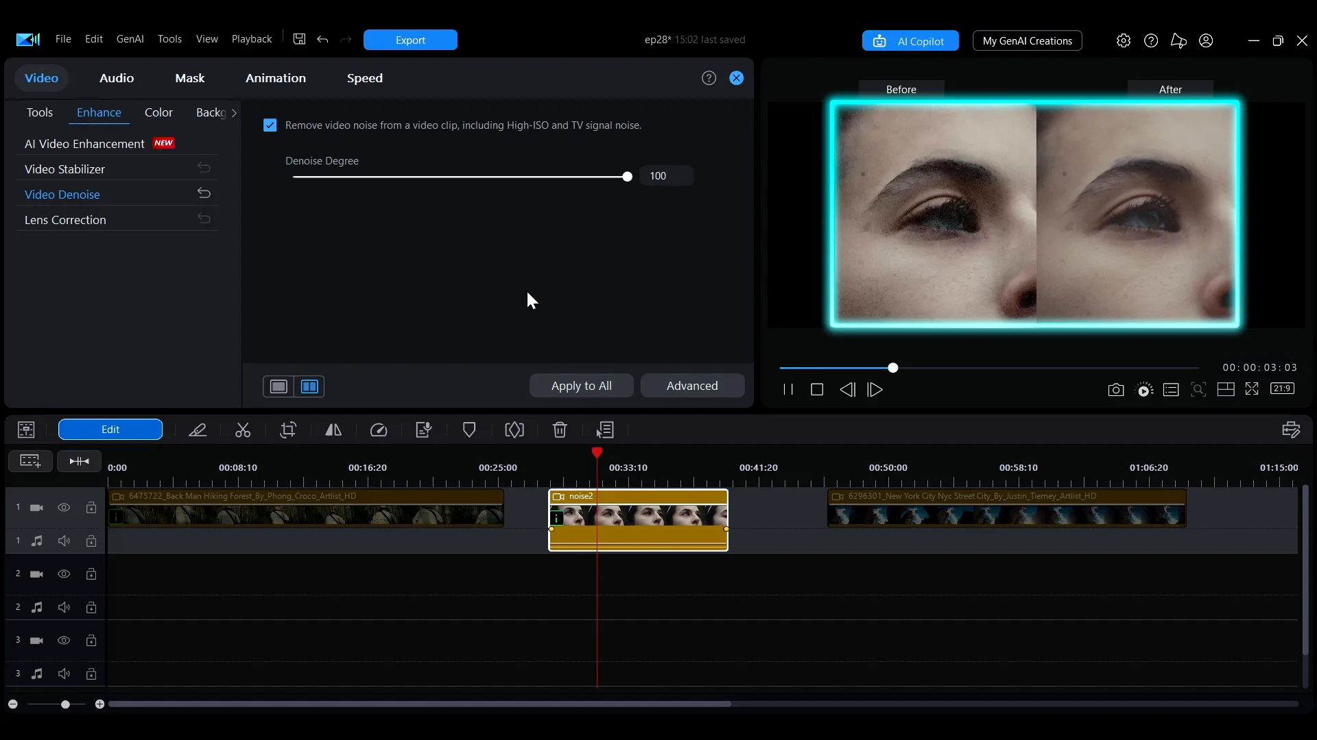 The Video Denoise panel in PowerDirector with its enable checkbox and the Denoise Degree slider.