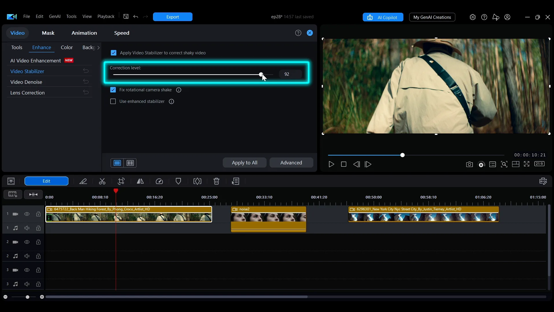 The Video Stabilizer panel under the Enhance tab in PowerDirector, with the Correction level slider and the rotational shake and enhanced stabilizer checkboxes.