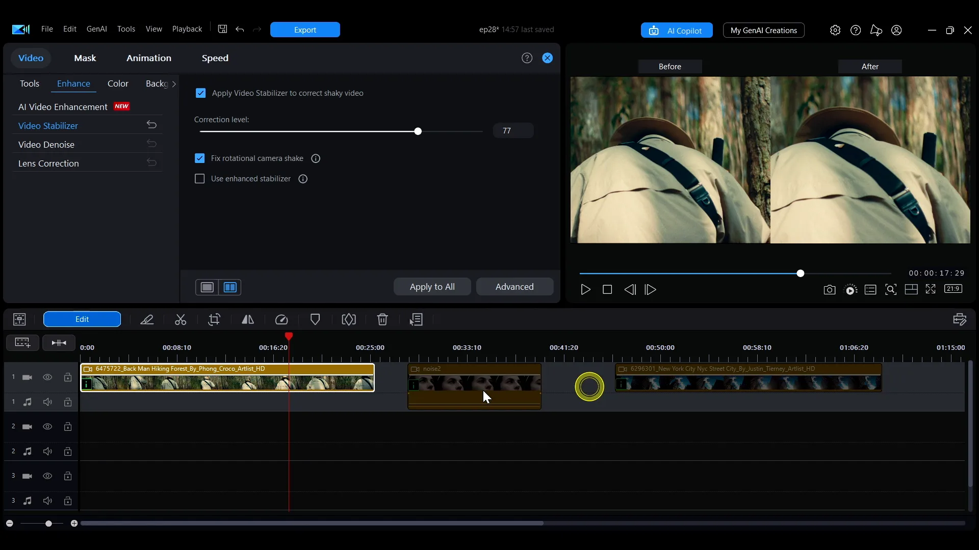 A split-view comparison in PowerDirector with the shaky original on the left and the stabilized version on the right.