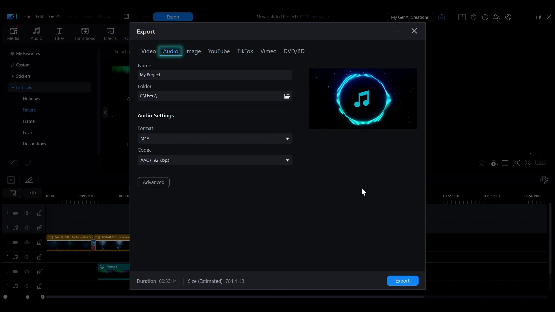 The Audio tab of the PowerDirector Export window showing audio settings.