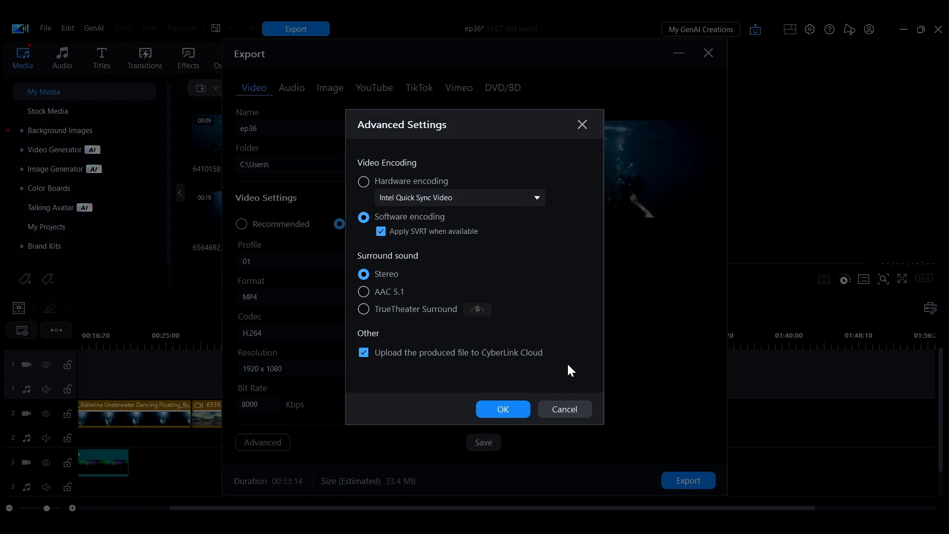The Advanced settings in the PowerDirector Export window with the option to upload the produced file to CyberLink Cloud.