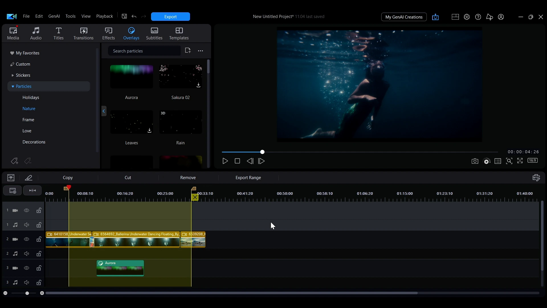 A range selected on the PowerDirector timeline with the Export Range option above it.