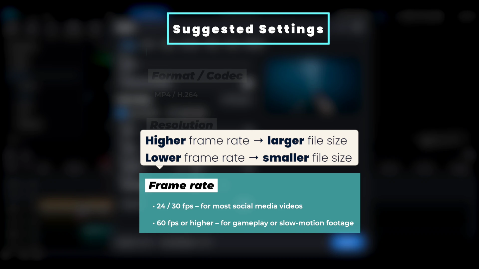 A card from the PowerDirector tutorial stating that a higher frame rate gives a larger file size and a lower frame rate a smaller one.