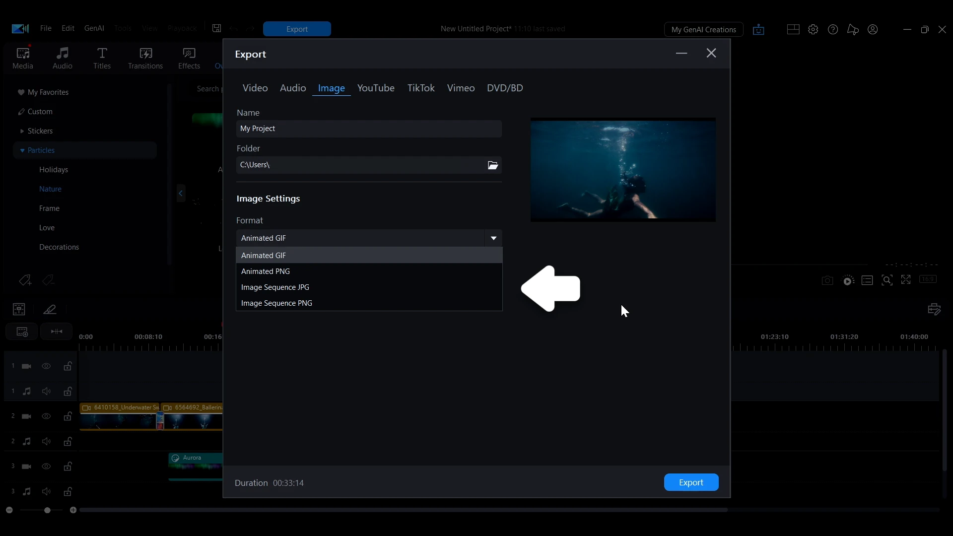 The Image tab of the PowerDirector Export window showing image settings for an animated GIF or image sequence.