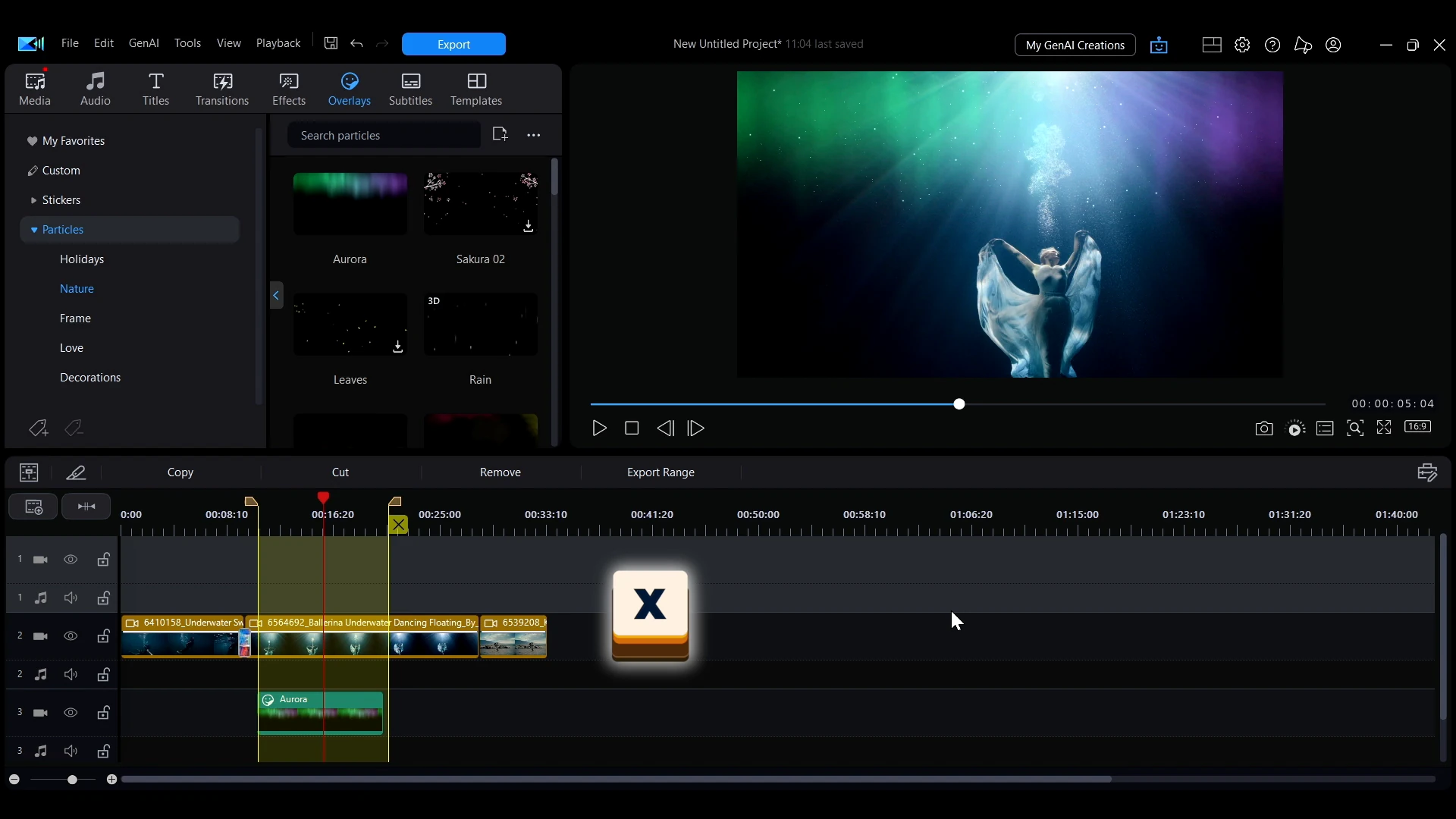 A key callout in PowerDirector showing the X key, which enables the selection range tool on the timeline.