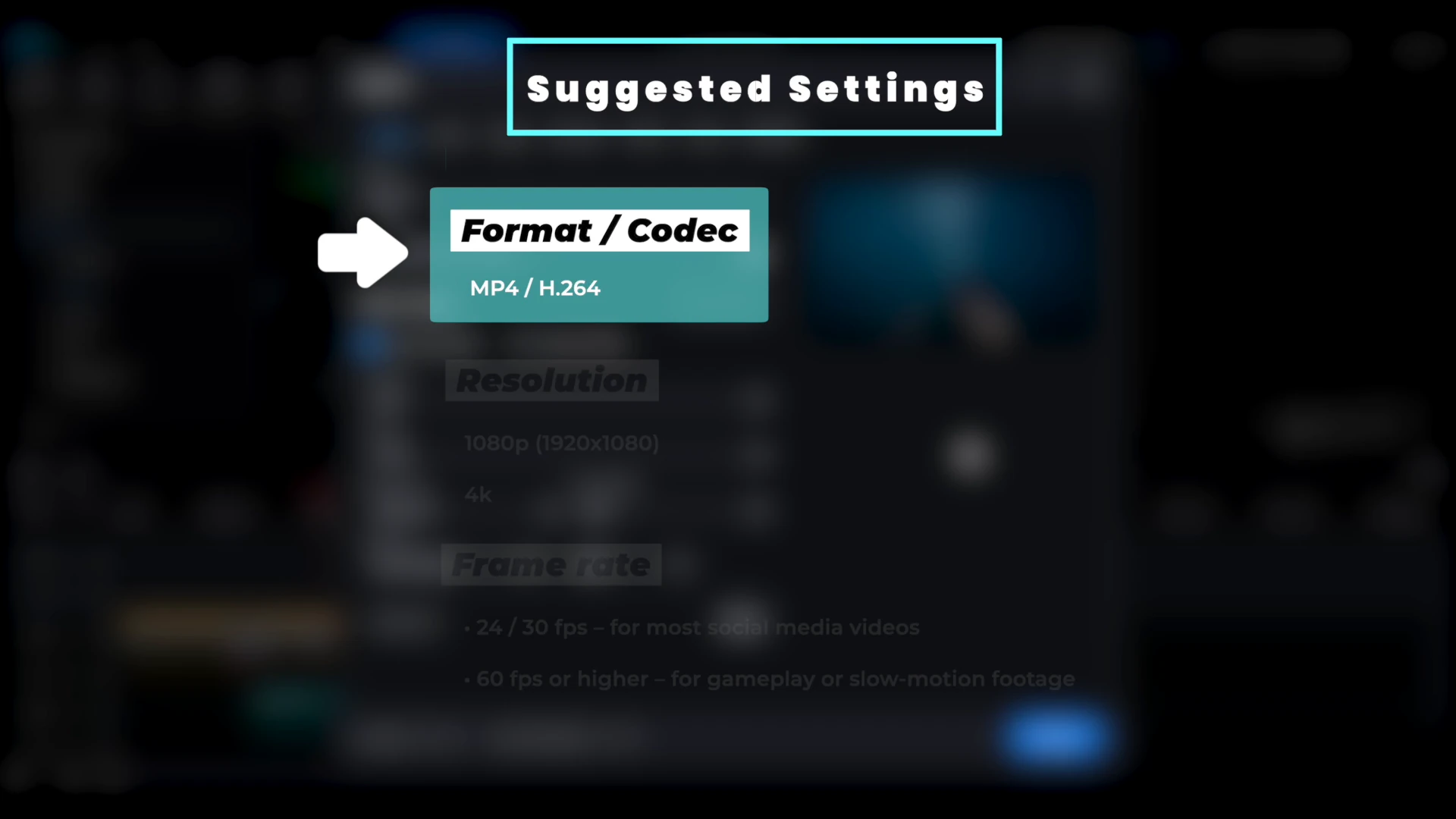 A suggested settings card from the PowerDirector tutorial recommending MP4 and H.264 as the format and codec.