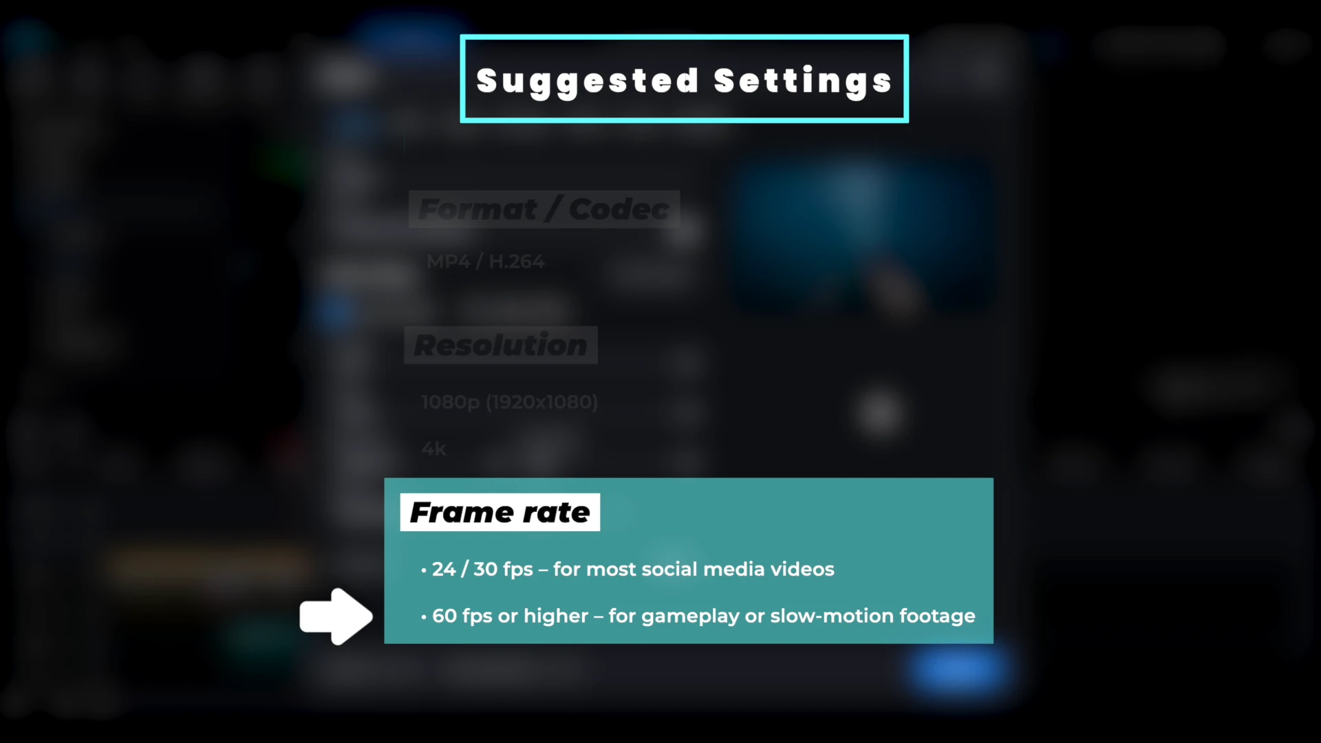 A suggested settings card from the PowerDirector tutorial recommending 24 or 30 fps for social media and 60 fps or higher for gameplay or slow motion.