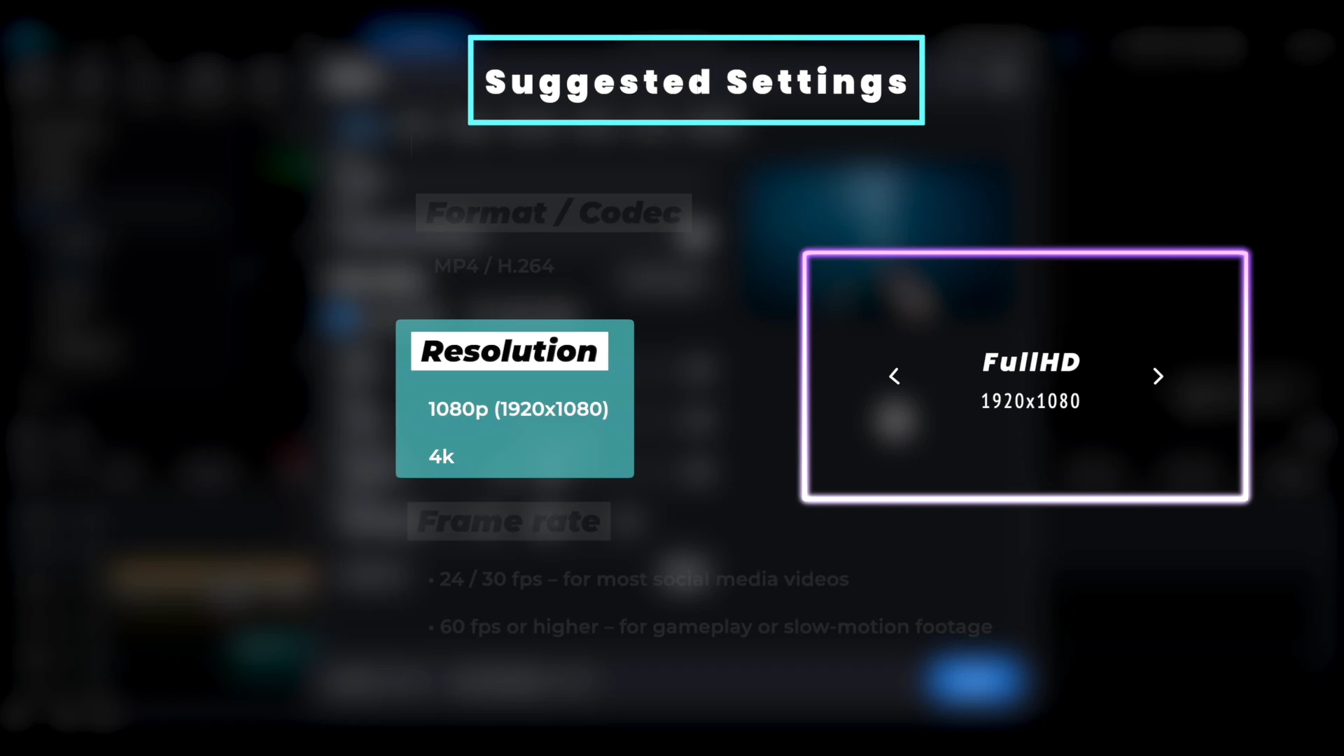 A suggested settings card from the PowerDirector tutorial recommending 1080p at 1920 by 1080, with 4K as an alternative.