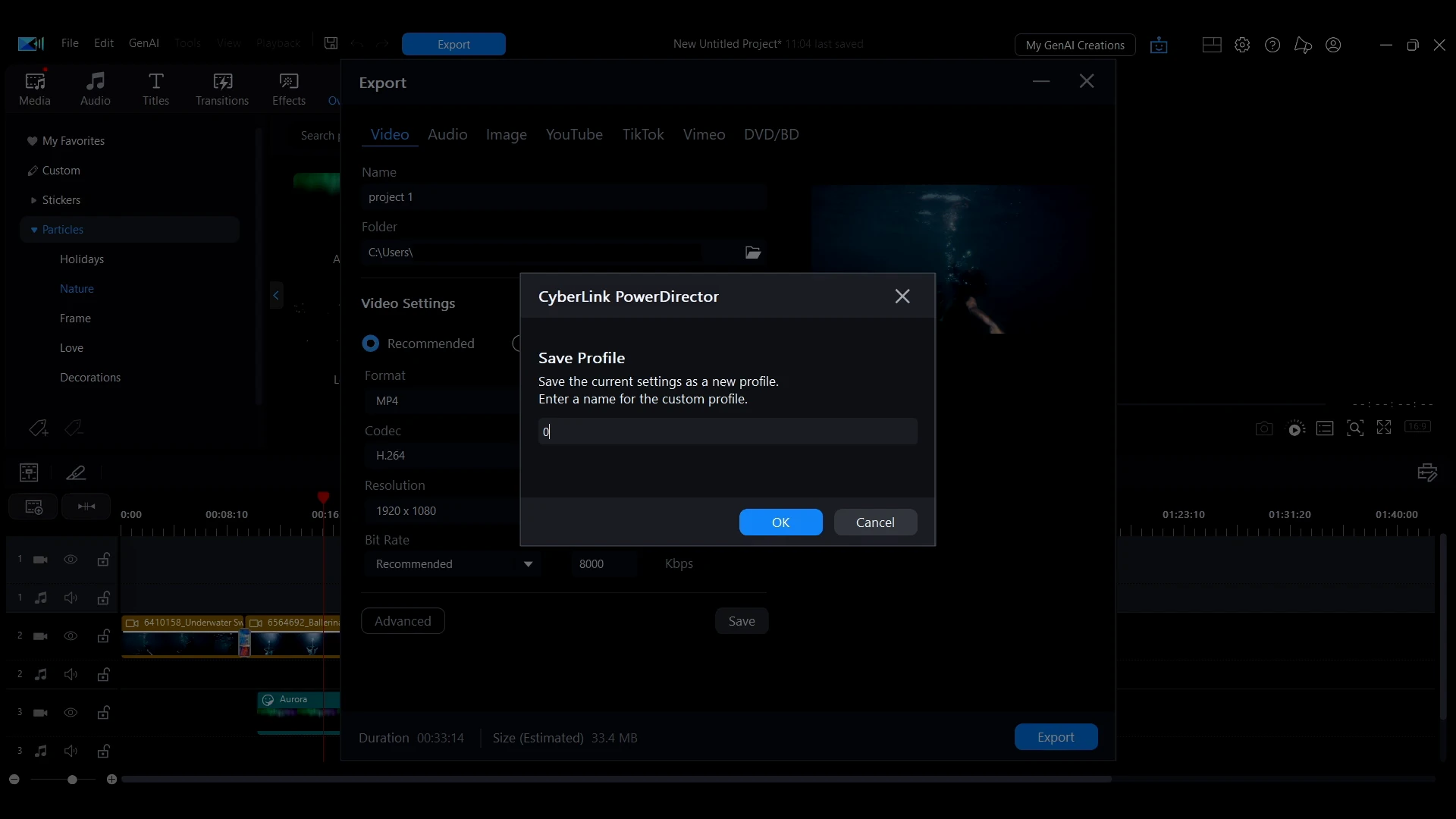The Save Profile dialog in PowerDirector for naming a set of export settings.